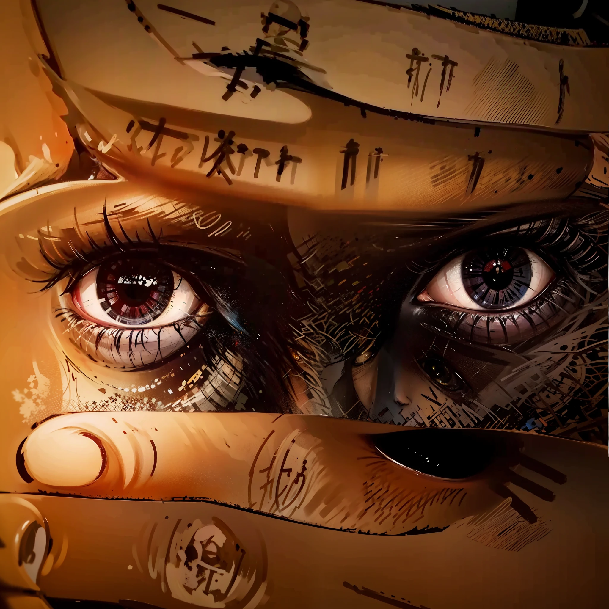 A close up of a person covering their face with their hands, close - up portrait shot, intense look in the eyes, eyes looking at the camera, the eyes of sharbat gula, by Loui Jover, newspaaper text, soulful eyes, intense soul penetrating eyes, close up portrait shot, close up portrait photo, human eyes, with blackness instead of eyes, in the style of Loui Jover