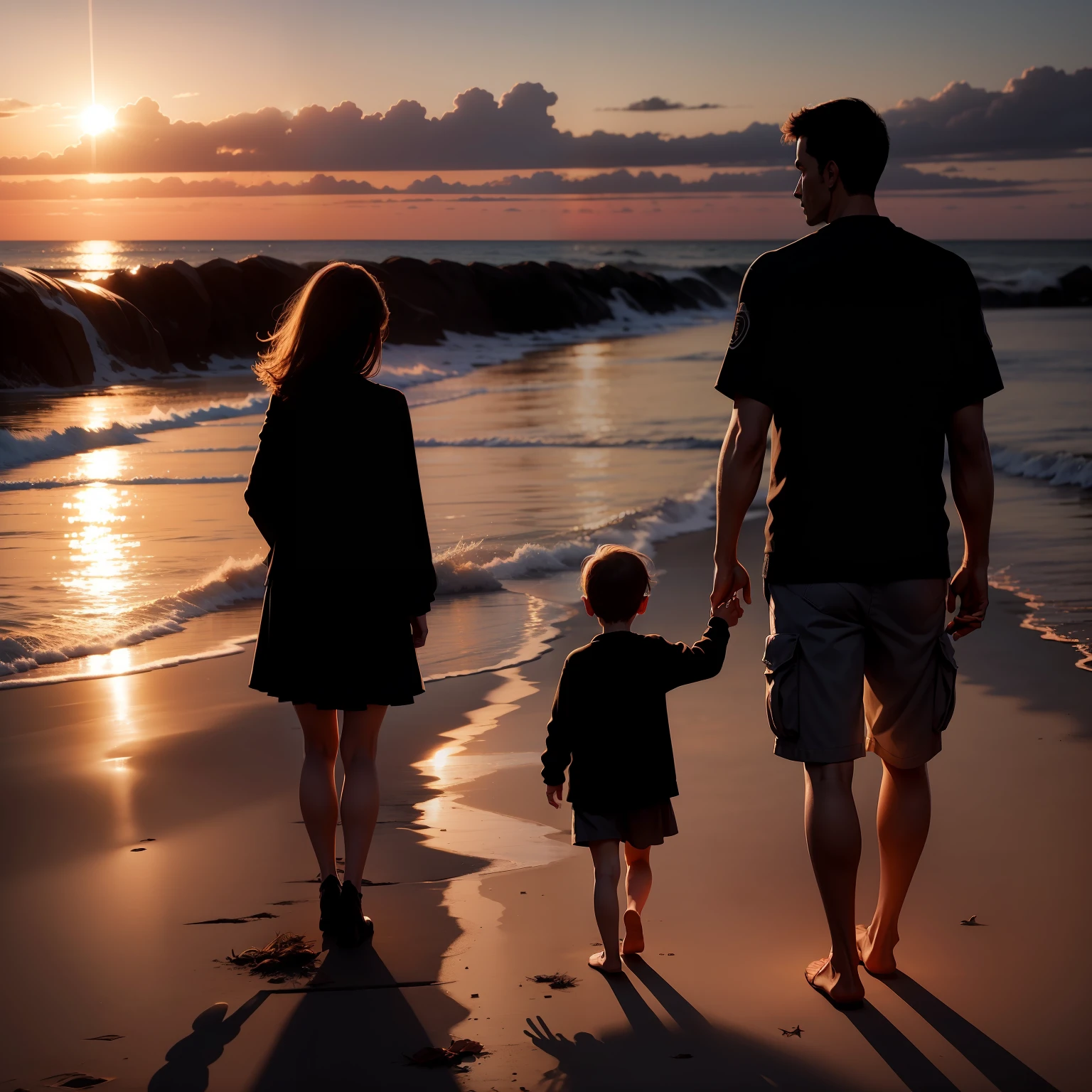Family shadow at sunset, poignant realistic image
