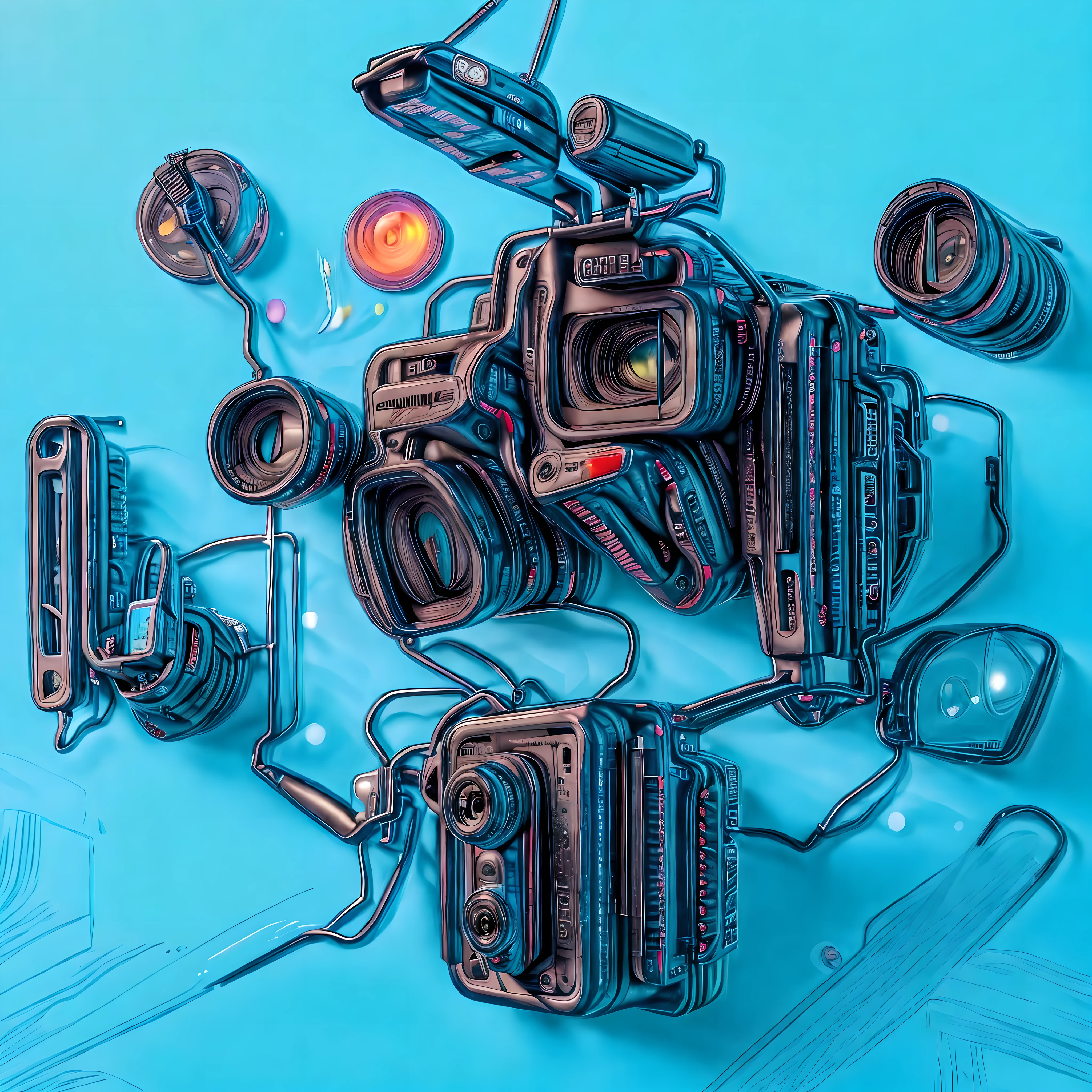 ((Build your Camera Rig)), inspired by top photographer on instagram, Camera Canon with multiple accessories equipment, highly detailed and realistic, UHD, 8k pencil, retro games style, graffiti style:0.5
