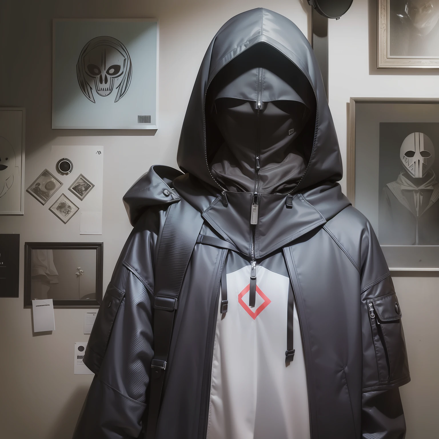 Deeply hooded black mask face invisible in shadow
