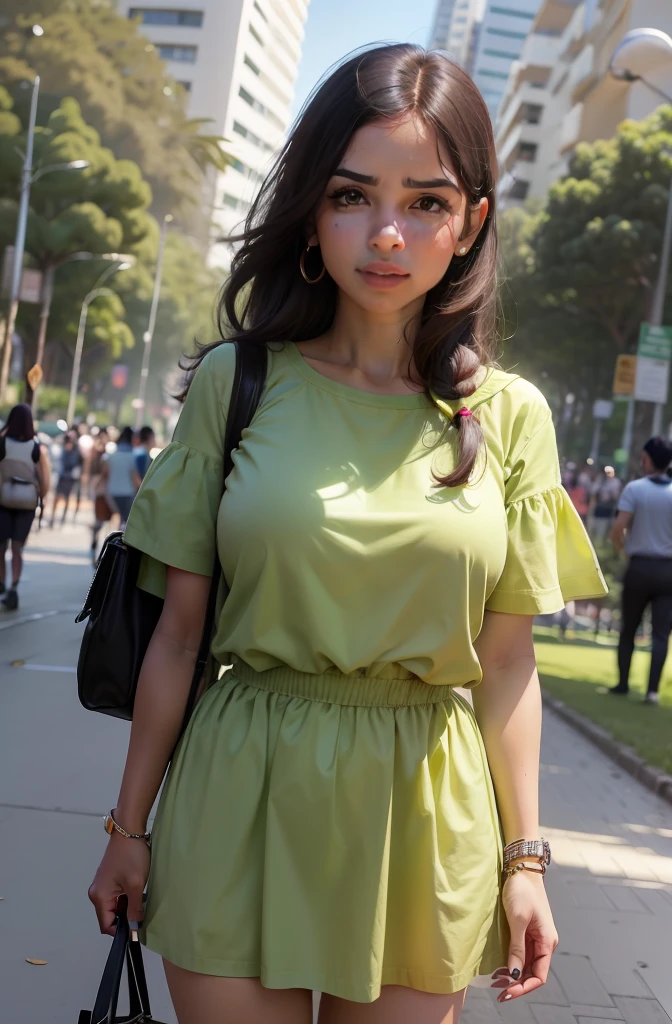 "(linda usando mini saia verde em parque:1.1, sem bolsa, fundo sem pessoas"
