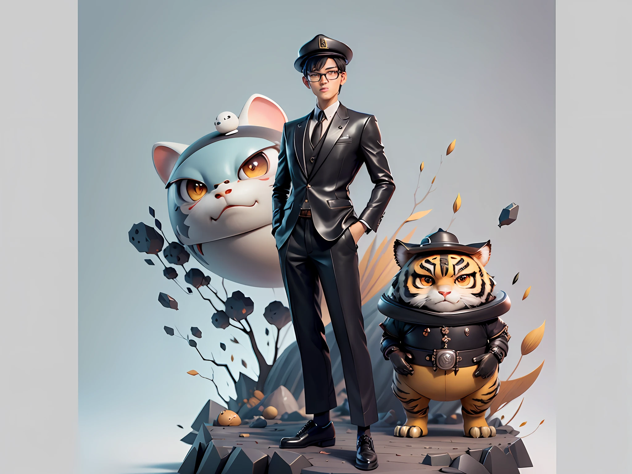 Young man with oriental face in leather hat, tiger, oriental face in formal suit, short black hair, silver glasses, digital painting, 3D character design by Mark Clairedon and Pixar and Hayao Miyazaki and Akira Toriyama, the illustration is a high-definition illustration in 4K resolution with very detailed facial features and cartoon-style visuals.