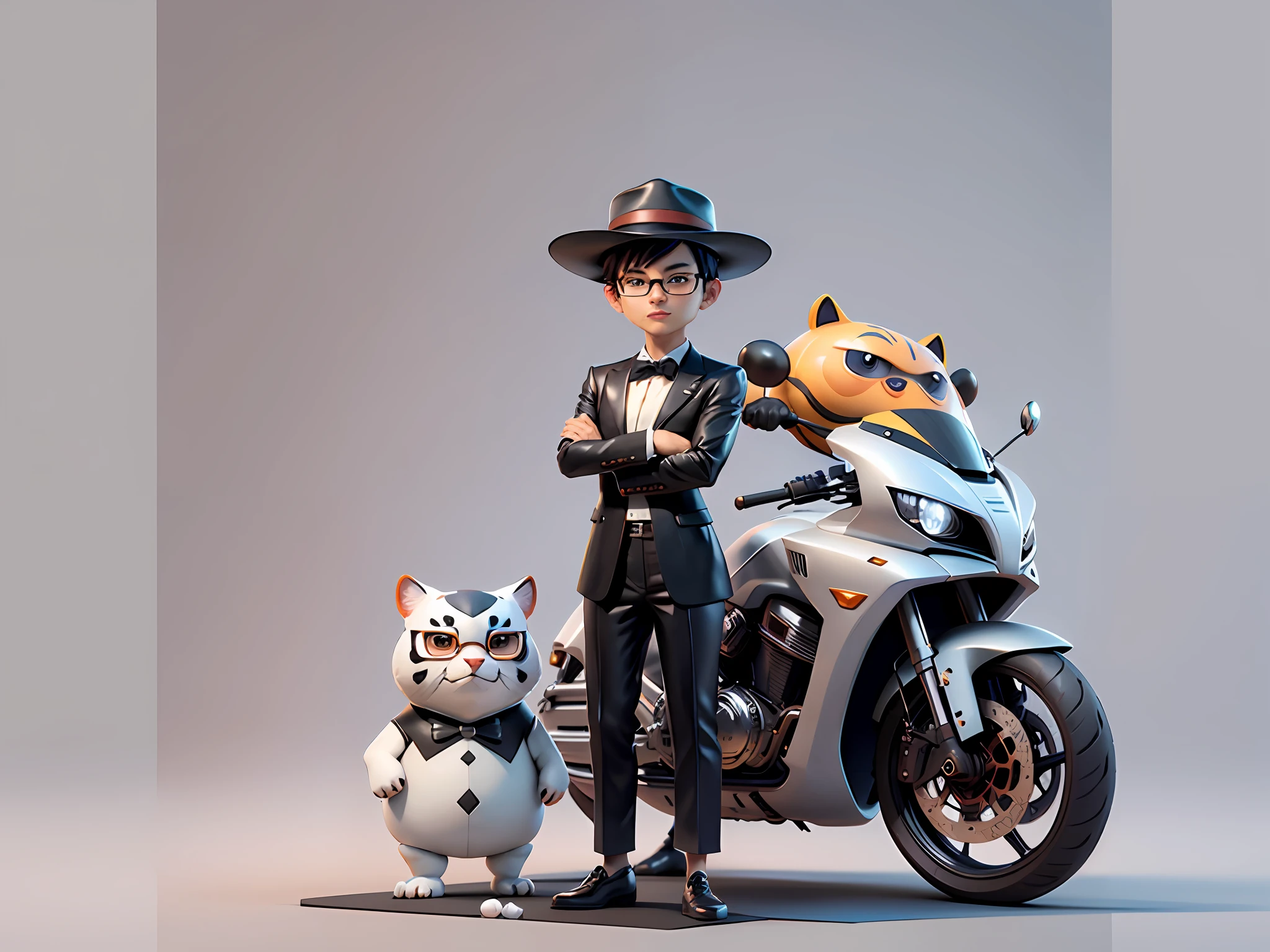 Young man with oriental face in leather hat, tiger, oriental face in formal suit, short black hair, silver glasses, digital painting, 3D character design by Mark Clairedon and Pixar and Hayao Miyazaki and Akira Toriyama, the illustration is a high-definition illustration in 4K resolution with very detailed facial features and cartoon-style visuals.