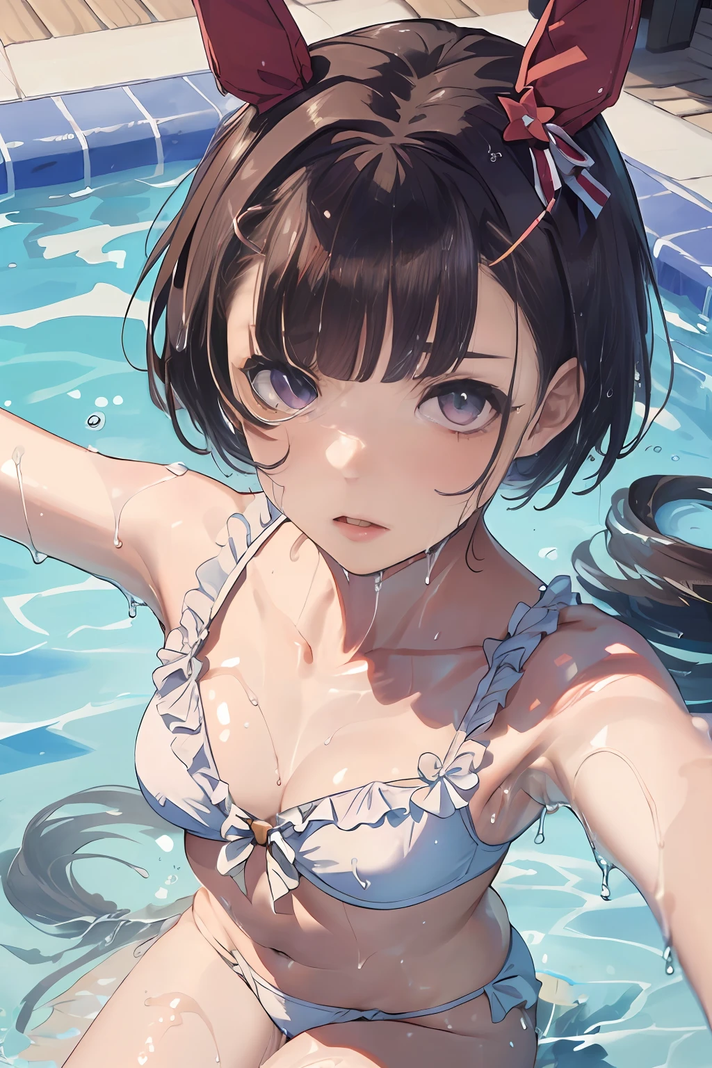 (((masterpiece))), ((top-quality)), The ultra-detailliert, 独奏,, 1 rapariga,(full body Esbian:1.2),Nishino flower\(Umamusume\),(ultra-detailliert:1.3), Horsetail,独奏, in poolside, Zreabra, string, (leach: 1.2), lie on one's side, From above, spreading arms widely, Disheveled underwear, hard breathing, Invite sexual expression,(abdominals, Slender figure:1.1), (swimming pools, wet figure, Wet clothes:1.1), hyperdetailed face, Detailed lips, A detailed eye,White swimwear,Beautuful Women,,animesque.