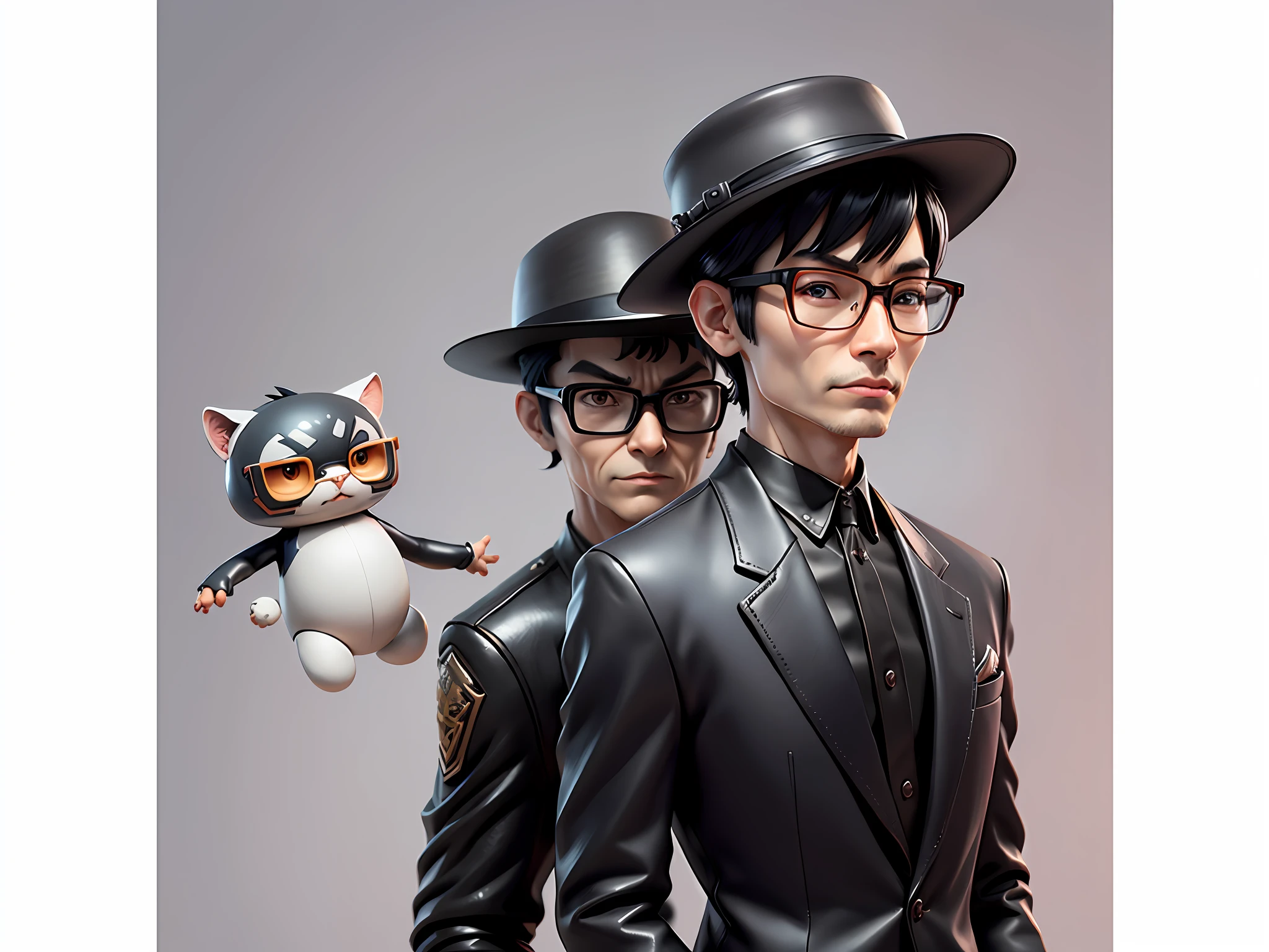 Young man with oriental face in leather hat, tiger, oriental face in formal suit, short black hair, silver glasses, digital painting, 3D character design by Mark Clairedon and Pixar and Hayao Miyazaki and Akira Toriyama, the illustration is a high-definition illustration in 4K resolution with very detailed facial features and cartoon-style visuals.