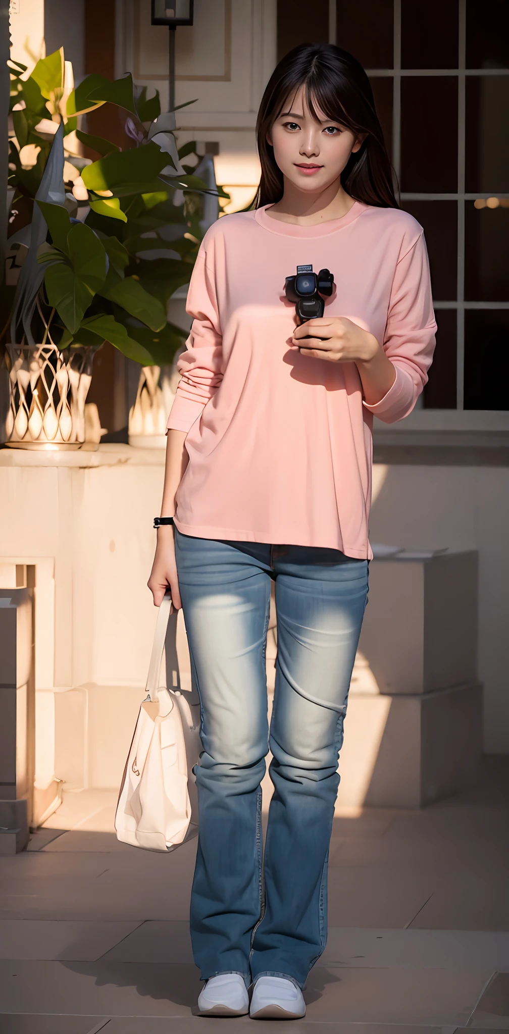 1 beautiful woman taking pictures on the grass of the villa,RAW photos,tmasterpiece,(highdetailskin:1.2),8k ultra high definition,digital SLR camera,gentlesoftlighting,high high quality,filmgrain,富士XT3,20 years old Asian woman,Wear simple clothes,T-shirt and skinny jeans,Detailed clothing details:1.3,perfect body figure,Perfect breasts and nipple bulge,The legs are straight and slender,Super detailed facial details and skin,Fair pink face and skin,The skin is pink,with light glowing,二重まぶた,Super detailed eyes,(Gloss on lips, eyeslashes, Glossy face, Best quality, Super high resolution, warm color,Wide lighting, naturalshadow), Sexy, Full body shooting: 1.8