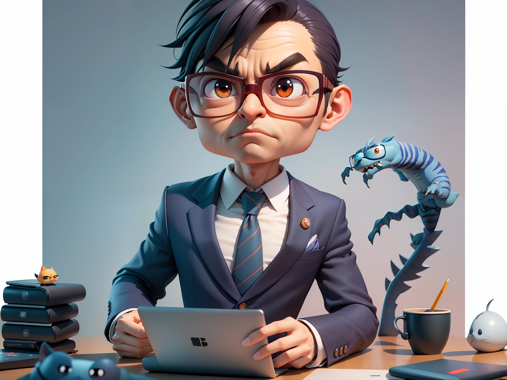 A young man in a suit, Short hair and glasses sat at his desk,holding laptop,digitial painting,tigre,3D character design by Mark Clairen and Pixar and Hayao Miyazaki and Akira Toriyama,4K HD illustration,Very detailed facial features and cartoon-style visuals。