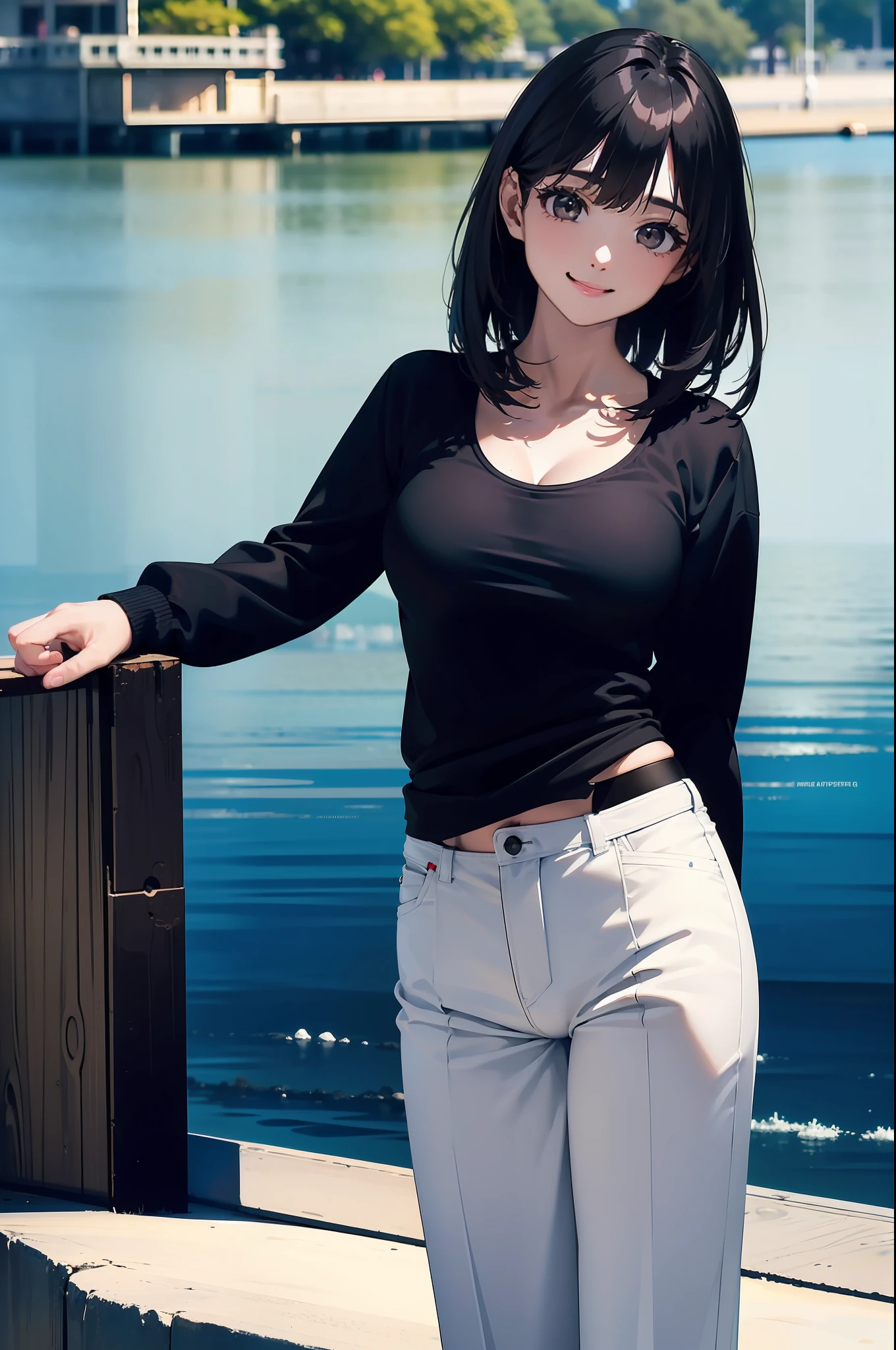 (((Having a black bass by the lake))),((Best quality, 8k, Masterpiece :1.3))black hair, longeyelashes, solid circle eyes, light smile, drop shadow, atmospheric perspective, 8k, super detail, ccurate, best quality, middle breasts,black jacket, Black Tank Top ,white_pants,