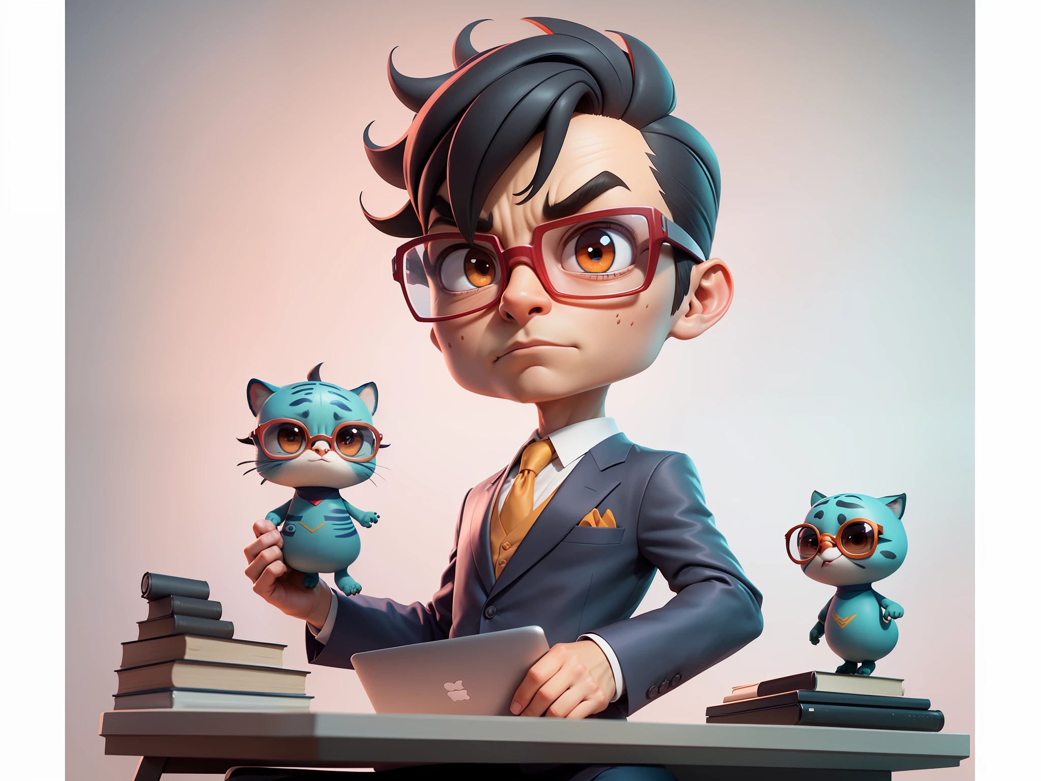 A young man in a suit, Short hair and glasses sat at his desk,holding laptop,digitial painting,tigre,3D character design by Mark Clairen and Pixar and Hayao Miyazaki and Akira Toriyama,4K HD illustration,Very detailed facial features and cartoon-style visuals。