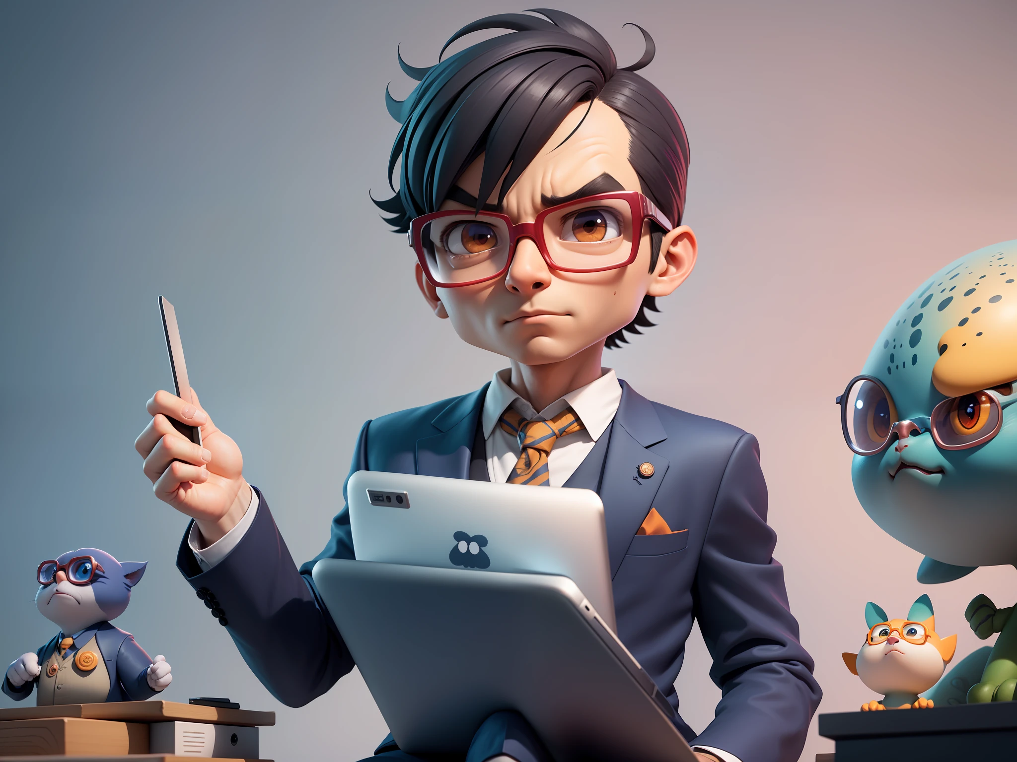 A young man in a suit, Short hair and glasses sat at his desk，holding laptop，digitial painting，tigre，3D character design by Mark Clairen and Pixar and Hayao Miyazaki and Akira Toriyama，4K HD illustration，Very detailed facial features and cartoon-style visuals。