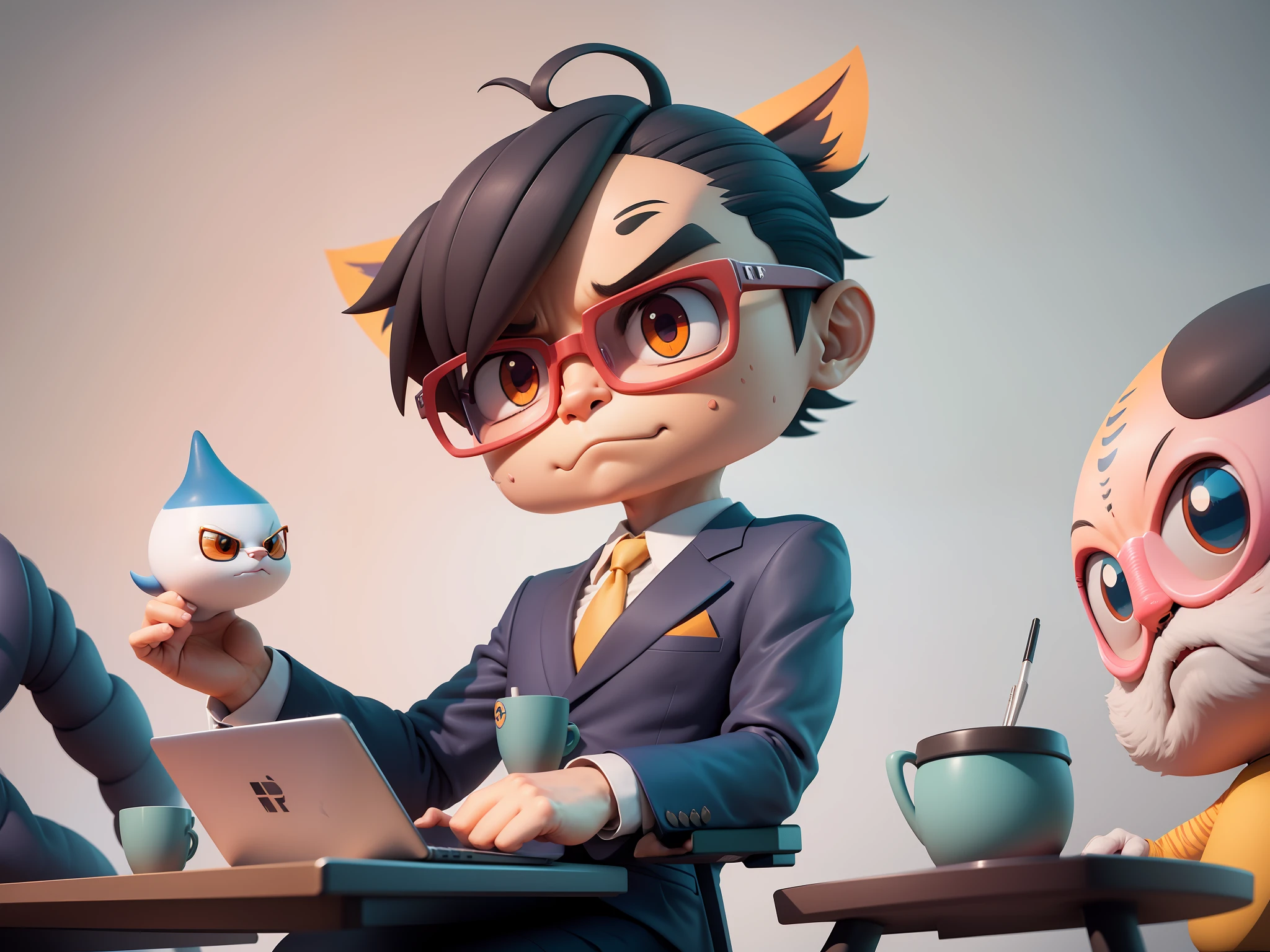 A young man in a suit, Short hair and glasses sat at his desk,holding laptop,digitial painting,tigre,3D character design by Mark Clairen and Pixar and Hayao Miyazaki and Akira Toriyama,4K HD illustration,Very detailed facial features and cartoon-style visuals。