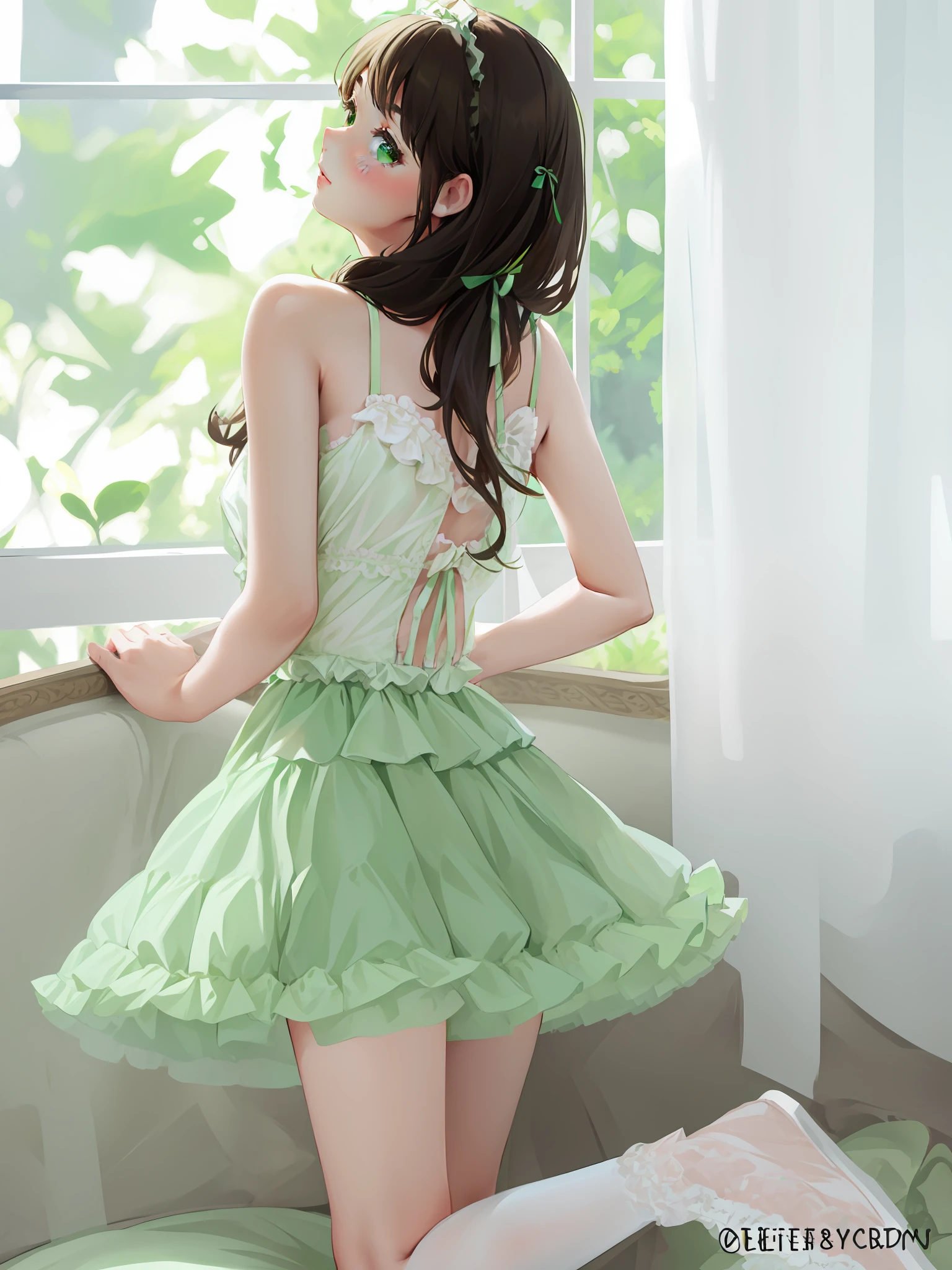 Close-up of a woman in a green dress by the window, frilly outfit, cute cute, Cute and lovely, beautiful short skirt, wearing a tutu, cute colorful adorable, cute beautiful, pastel green, young and cute girl, mini-skirts, cute elegant pose, wearing dresses, frill, Beautiful and cute, cute kawaii girls, Beautiful clothes