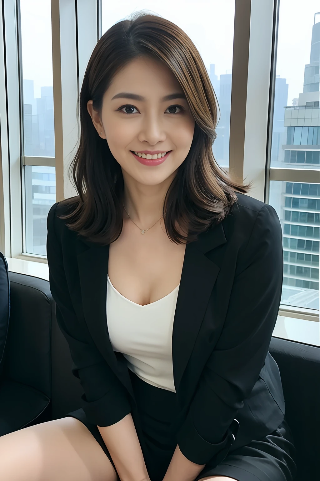 top-quality, (Hairstyle is semi-long), (Tight black suit jacket), (Tight black suit skirt),(White camisole in satin material), (Glossy white camisole), A smile:0.25, Bewitching face:0.5, Hair color is brown close to black, beautiful japanese female, (30-years old:0.5), (35 year old:0.75), Dark eyeliner, (ultra-sexy:1), slightly muscular, (Smaller chest), (From head to thigh), High-level ranks, (An office with a lot of computers),(IT Company Office), (Sunset view of skyscrapers)