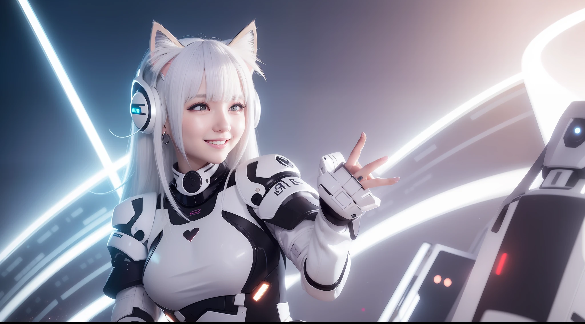 cat ear headphones, crescent earrings, dilated pupils, raised eyebrows, heart-shaped pupils, white hair, parted bangs, side swept bangs, determined, excited, fang out, crazy smile, Mecha girlfriend, cinematic lighting, backlighting, Futurism, wide shot, Ultra-Wide Angle, UHD --auto