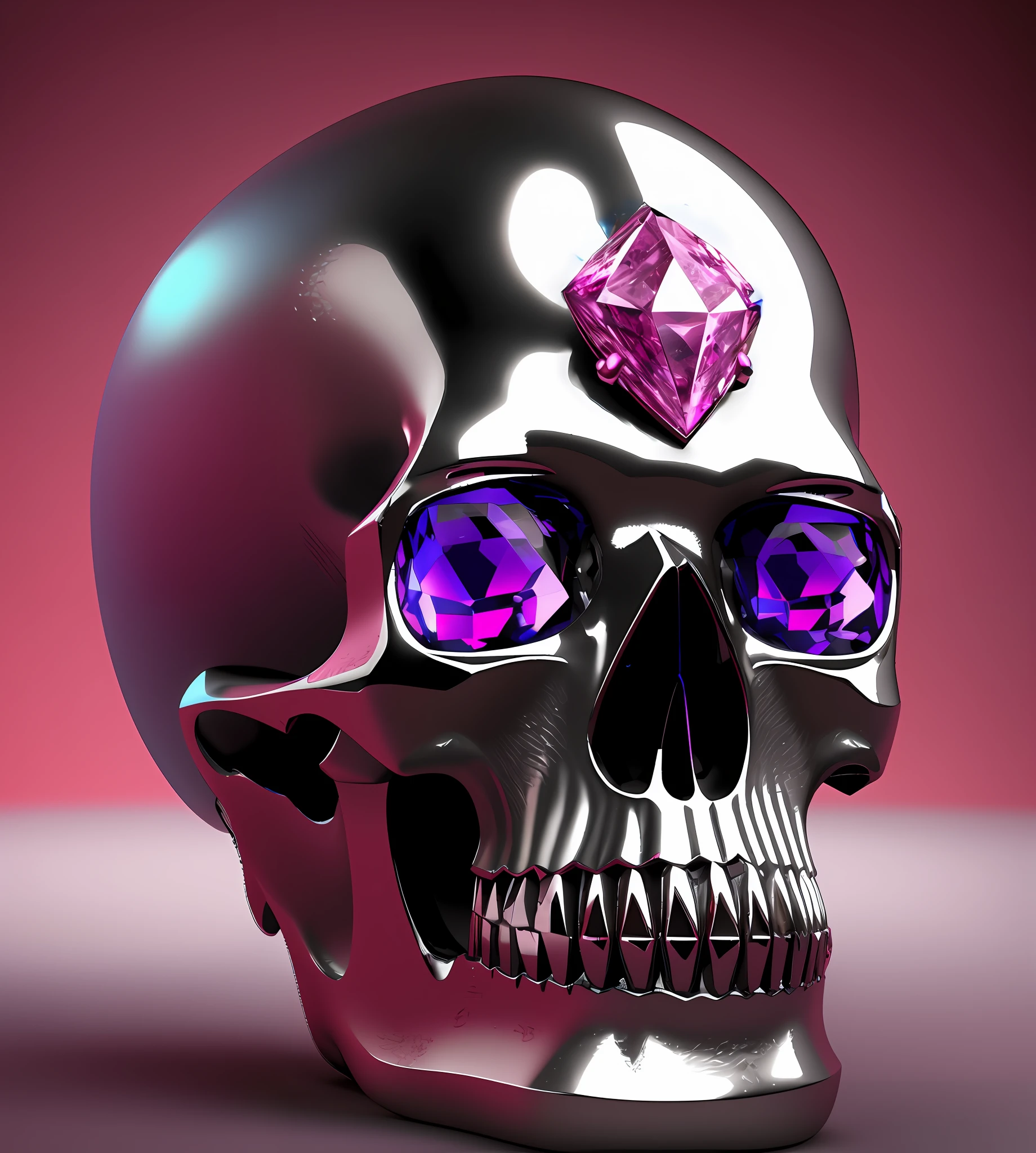 Polished silver skull with a pink diamond on top of head, lindo diamante cor de rosa, diamante lindamente lapidado, detalhes intrincados, obra-prima, piece of jewelry, 8k, Renderizado em Octane 3D, concept art rendering