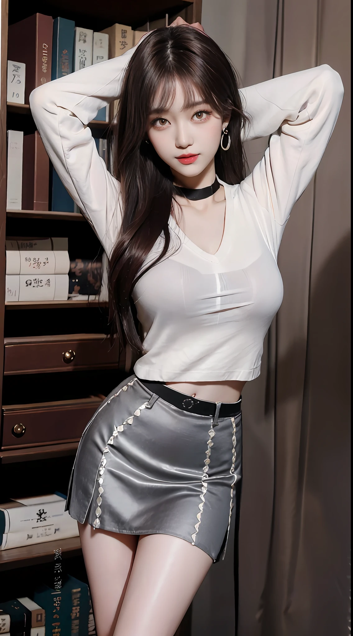 Gray eyes, Korean school uniform, School Uniform Shirts, ribbon, Skirt, Bright brown hair, Traditional libraries, Very high bookshelf, (Straight big), 8K Raw photograph, high resolution, cool Korean at 16 years old, big round breasts, beautiful eyes in detail, Long eyelashes, beautiful double eyelid, eye shadows, eyes liner, slender eyes, Elongated eye shape, Sanpaku eyes, Evil smile, evil look, Beautiful very thin legs, Beautiful very thin thighs, Random medium hair,, Earrings, choker necklace,
