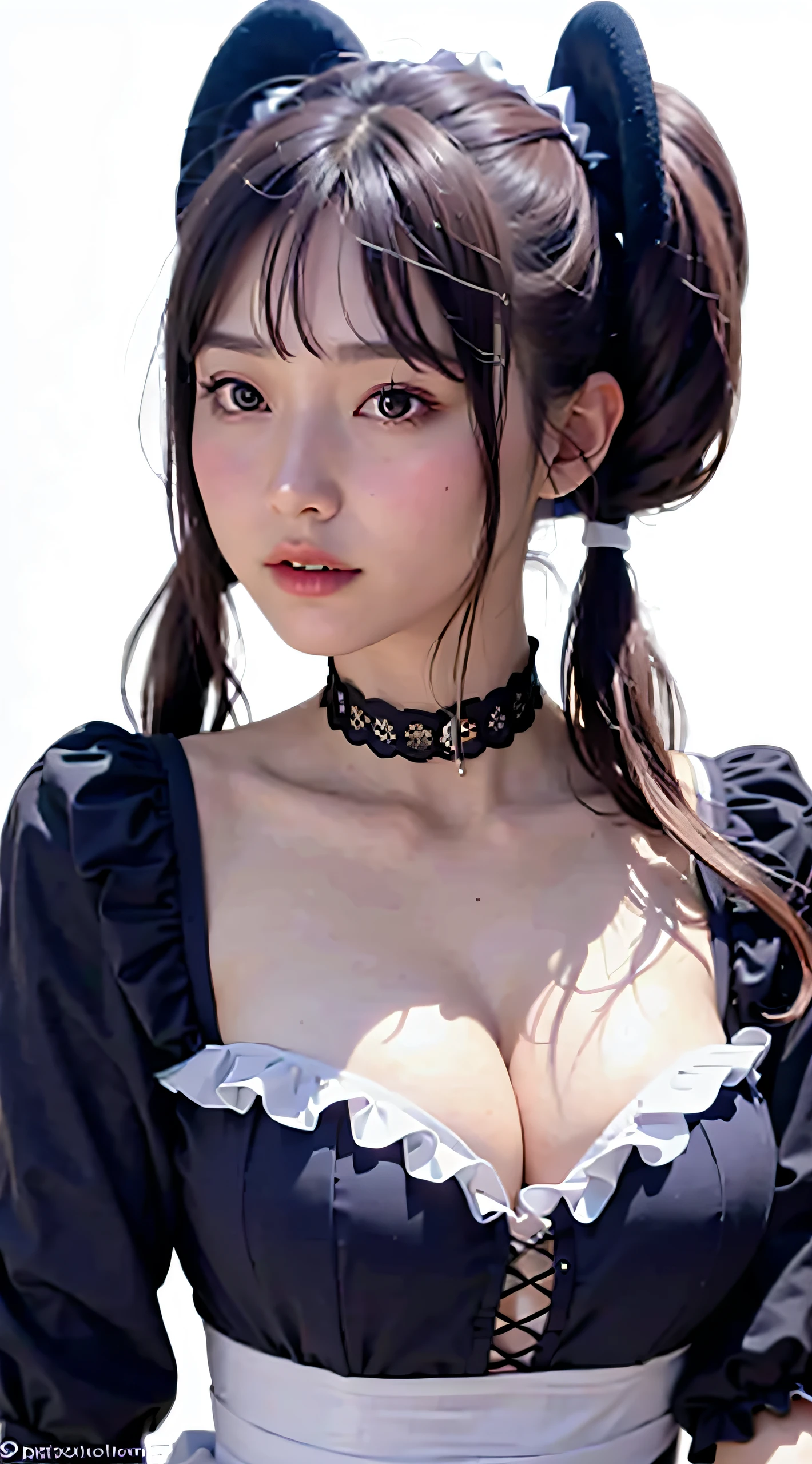 ((top-quality、in 8K、masterpiece:1.3, Photorealsitic:1.4, underground room, Realistic human skin)), standing, full body, Japanese high school girl, 1 female, A dark-haired, With bangs, Medium-sized breasts, cleavage, ((Gothic ta, maid clothes, twintails hairstyle, Black eyes)), Highly detailed facial and skin texture, A detailed eye, Detailed lips、Highly detailed hair depiction, Natural makeup:1.2