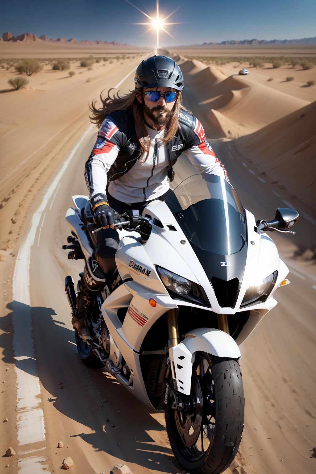jesus returning to earth with oakley sunglasses on a yamaha in the desert