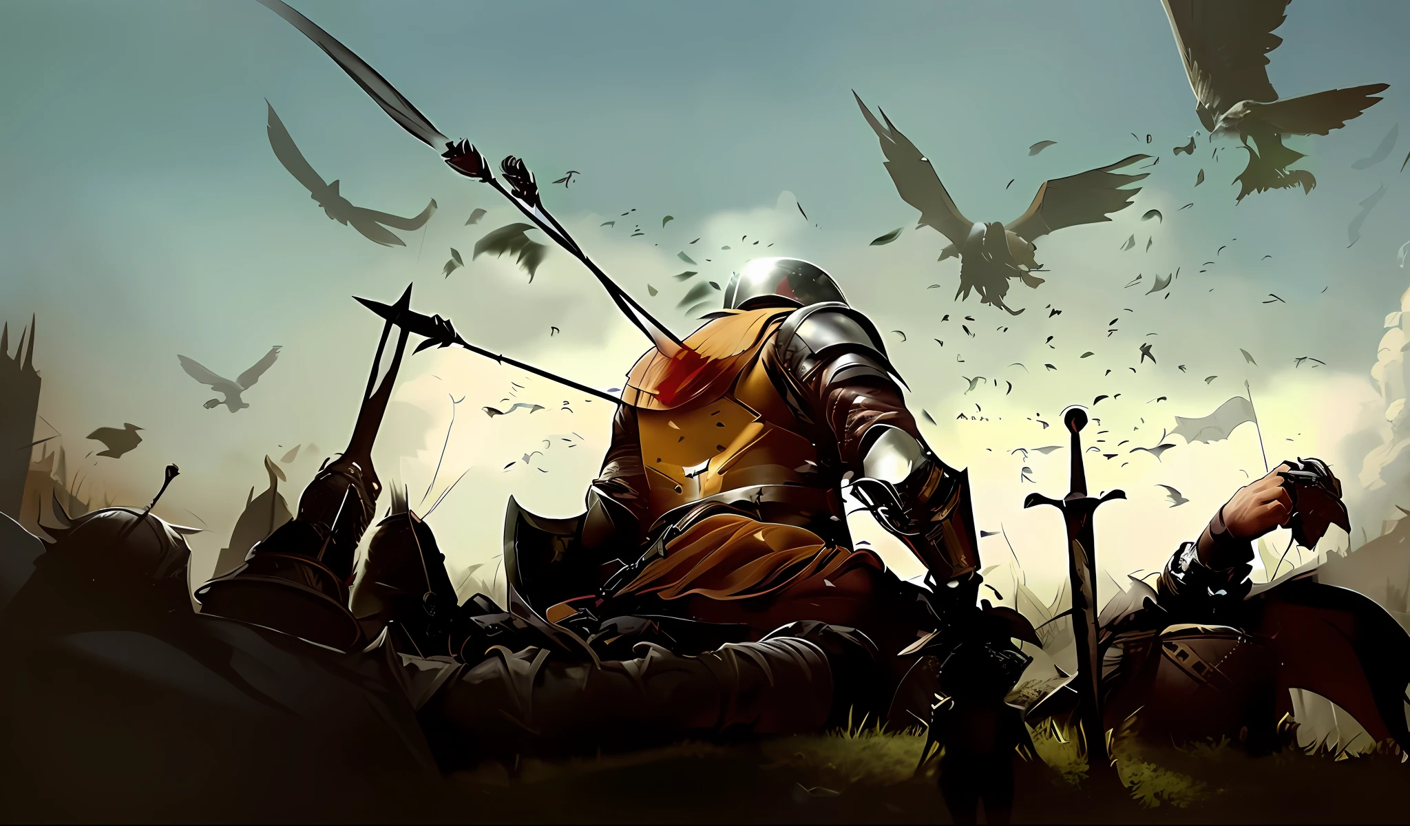 Knights in armor with swords and birds flying in the sky, arte do jogo de fantasia medieval, arte do jogo de fantasia, arte do jogo de RPG, arte do jogo de capa, epic fantasy game art, pintura de um cavaleiro, Estilo de Arte Dark Souls, Arte de Dark Souls, arte do jogo, epic rpg artwork, Arte de RPG, detailed game art illustration, fantasy RPG book illustration, epic video game art