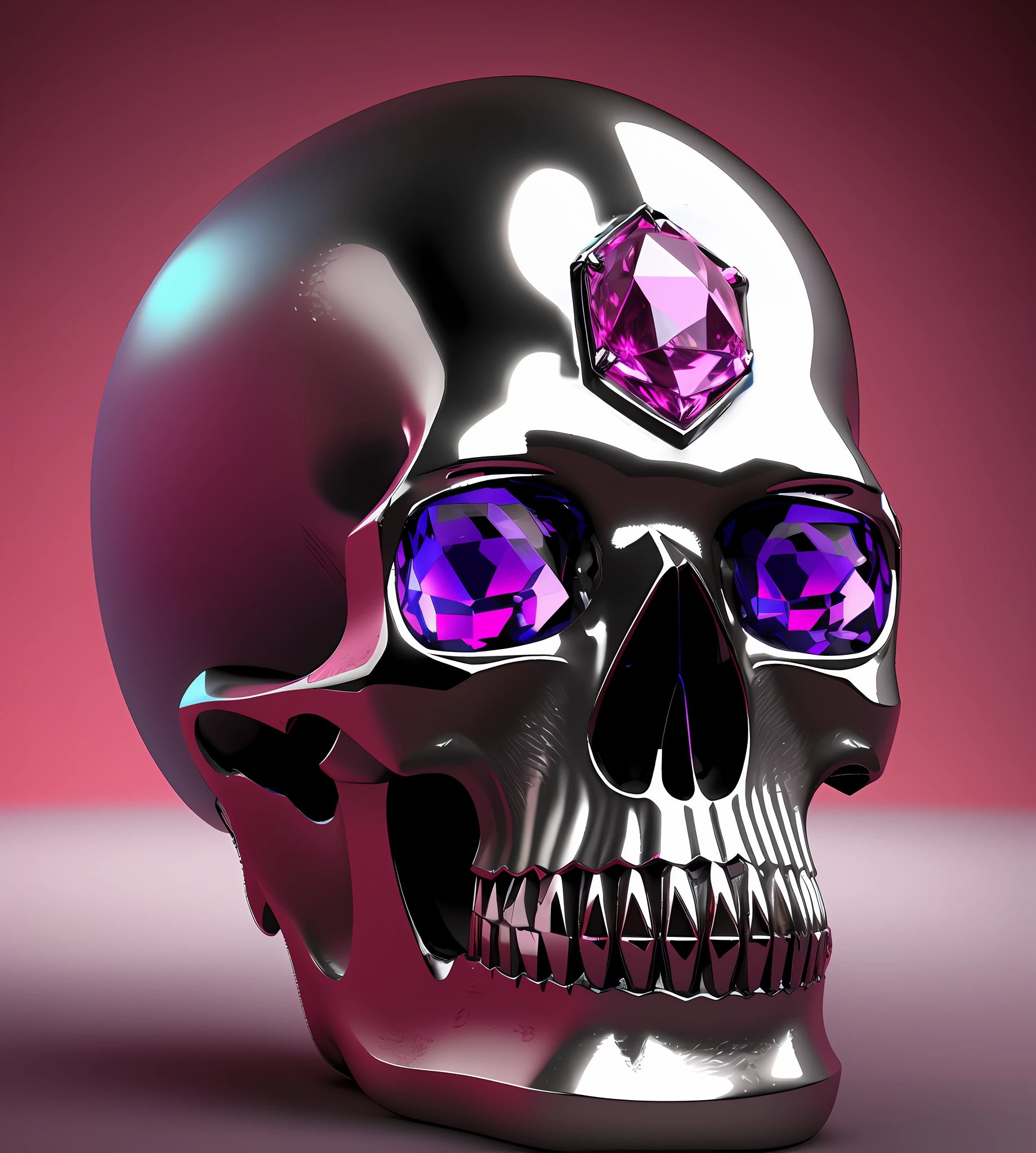 Polished silver skull with a pink diamond on top of head, lindo diamante cor de rosa, diamante lindamente lapidado, detalhes intrincados, obra-prima, piece of jewelry, 8k, Renderizado em Octane 3D, concept art rendering