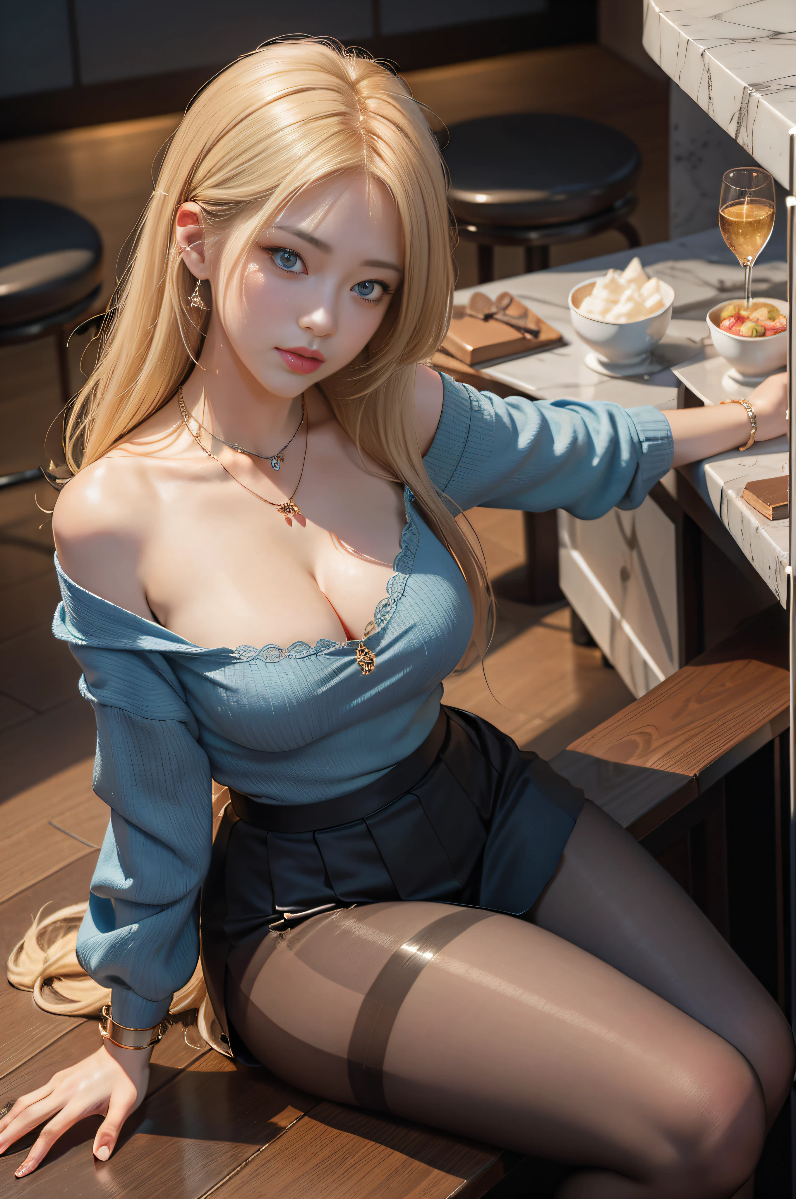high-level image quality、Machina Pantyhose、a blond、Blue eyes、Clothes in flashy colors、poneyTail、Angle from above、pantyhose、Staring at the face、seductiv、New York、In a club、Pornstar Pose、Makeup thick、elegant seducing pose、Gorgeous young Japan woman、gorgeous model、Sexy Girls、various seducing poses、Beautuful Women,Photorealsitic、 In a club、Work in a pleasure club、Hostess、top-quality、masterpiece、a 1 girl、独奏、A smile、Colossal tits、Black tights、Realistic and highest resolution、cleavage of the breast、Chest hollow、Shirt open、Unbuttoned、toned thighs、 perfect buttocks、Full body portrait、Parti,Colossal tits、Constriction waist、1 persons、Sexy clothes、Fancy colors、skirt by the、see -through、pantyhose、耳Nipple Ring、a necklace、A bracelet、Seductive eyes、a bar counter、dim room、
