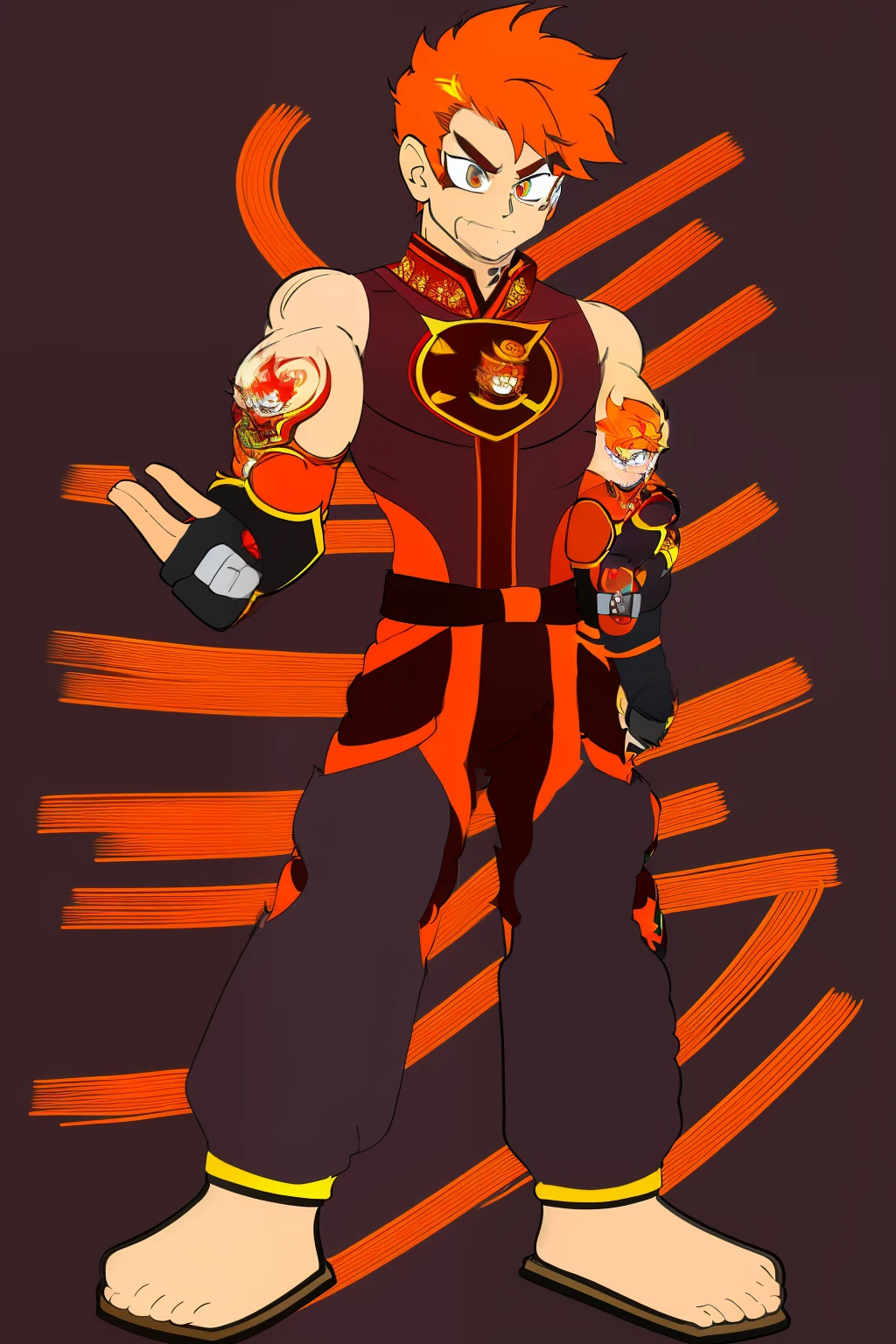 ryan westhearth, red hair, orange hair, fire hair, mustach, muscular male, kimono martial art , monk,