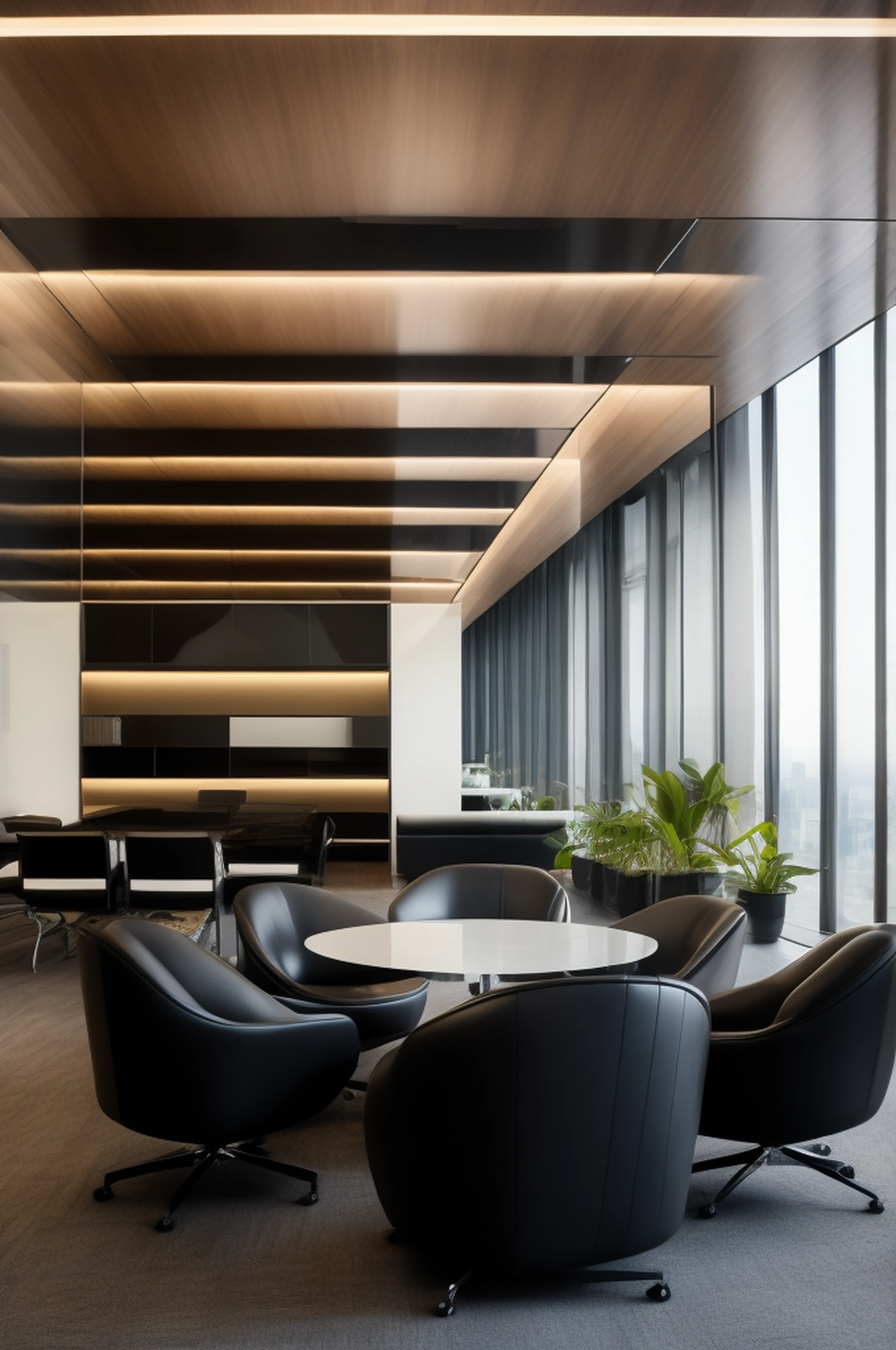A group of people in an office, The law firm features contemporary design furniture, incluindo poltronas estofadas em couro preto, mesas de centro de vidro temperado com bases cromadas, ambiente bem iluminado, grandes janelas, paisagem urbana, ambiente claro, hiper realista, foto realismo, hiper detalhado