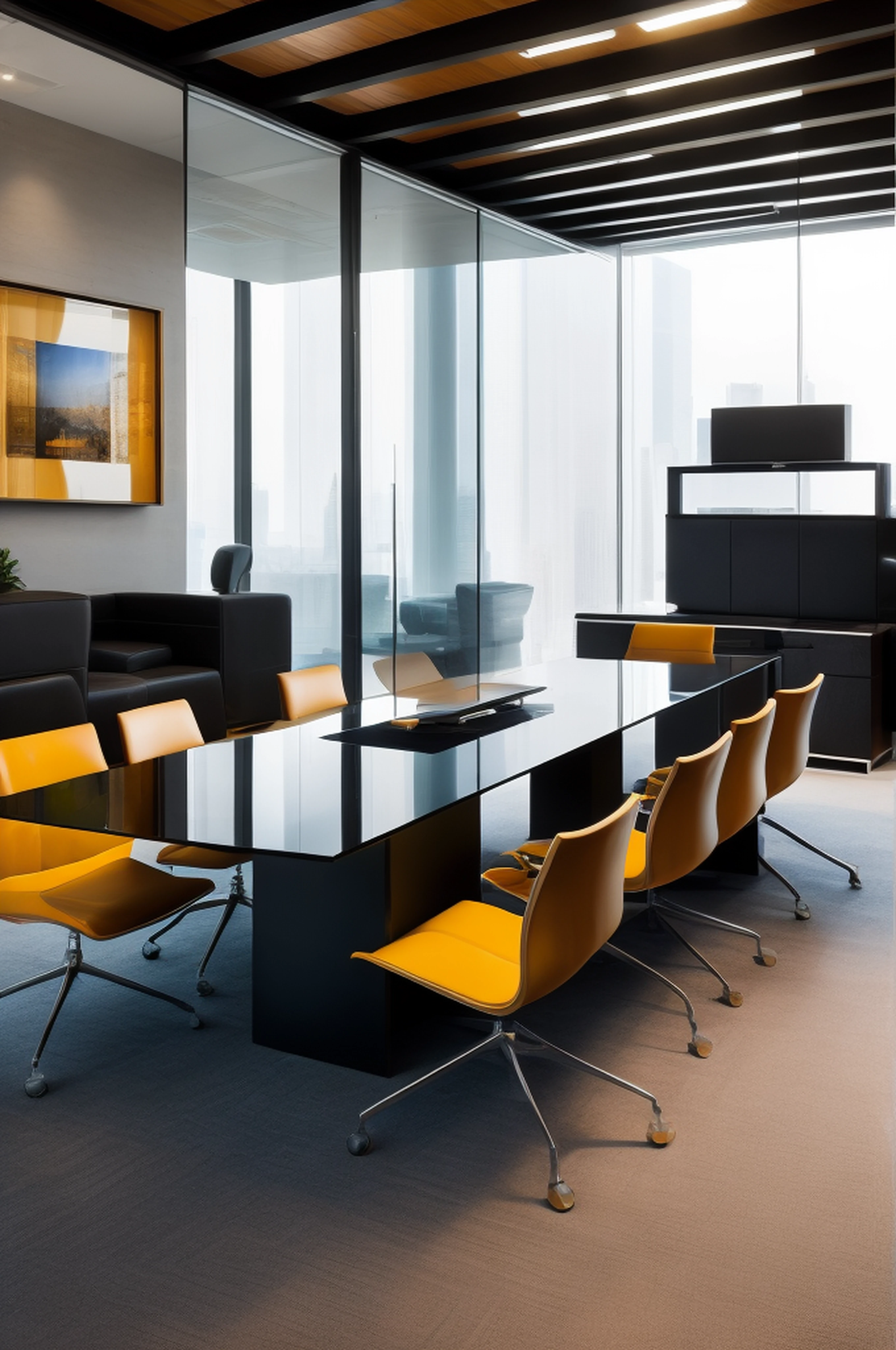 A group of people in an office, The law firm features contemporary design furniture, incluindo poltronas estofadas em couro preto, mesas de centro de vidro temperado com bases cromadas, ambiente bem iluminado, grandes janelas, paisagem urbana, ambiente claro, hiper realista, foto realismo, hiper detalhado