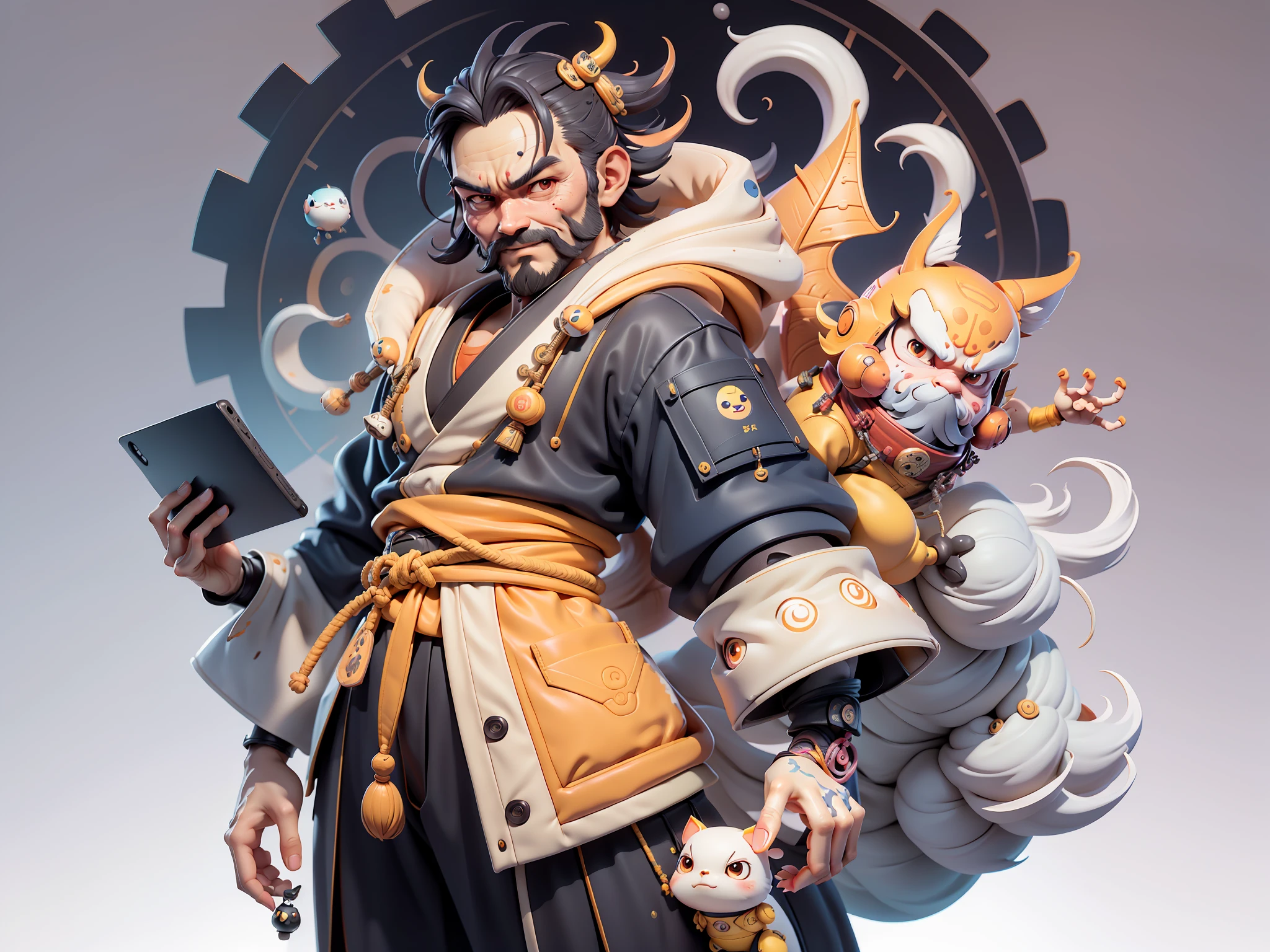 (Daisaku),(Need),(Super meticulous),(full bodyesbian:1.2),Japanese ukiyo-e girl,japanese geisha,Beautiful,Oriental dragon,Aeolian Thor,Raised sexy,爆乳,Oriental face,TV Anchor,Bust portrait illustration,Alone,In black suit,a blue tie,The face is slightly chubby,The face was clean,without a beard,Black super short hair,Black eyes,Smile confidently,3C computer sub-products,iPad, iphone,Digital painting,3D character design by Mark Clairen and Pixar and Hayao Miyazaki and Akira Toriyama,The illustration is a high-definition illustration in 4K resolution,With very detailed facial features and cartoon-style visuals。