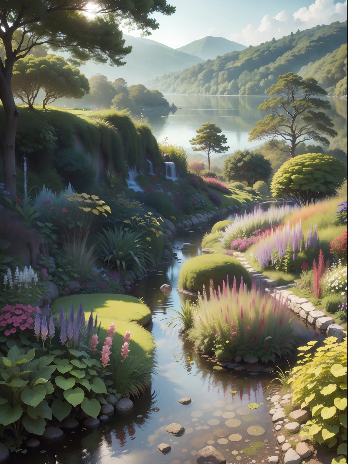 Eden's garden in heaven, hermoso paisaje, Magestic, ethereal, dorado, trees, lago, Arbustos, flores