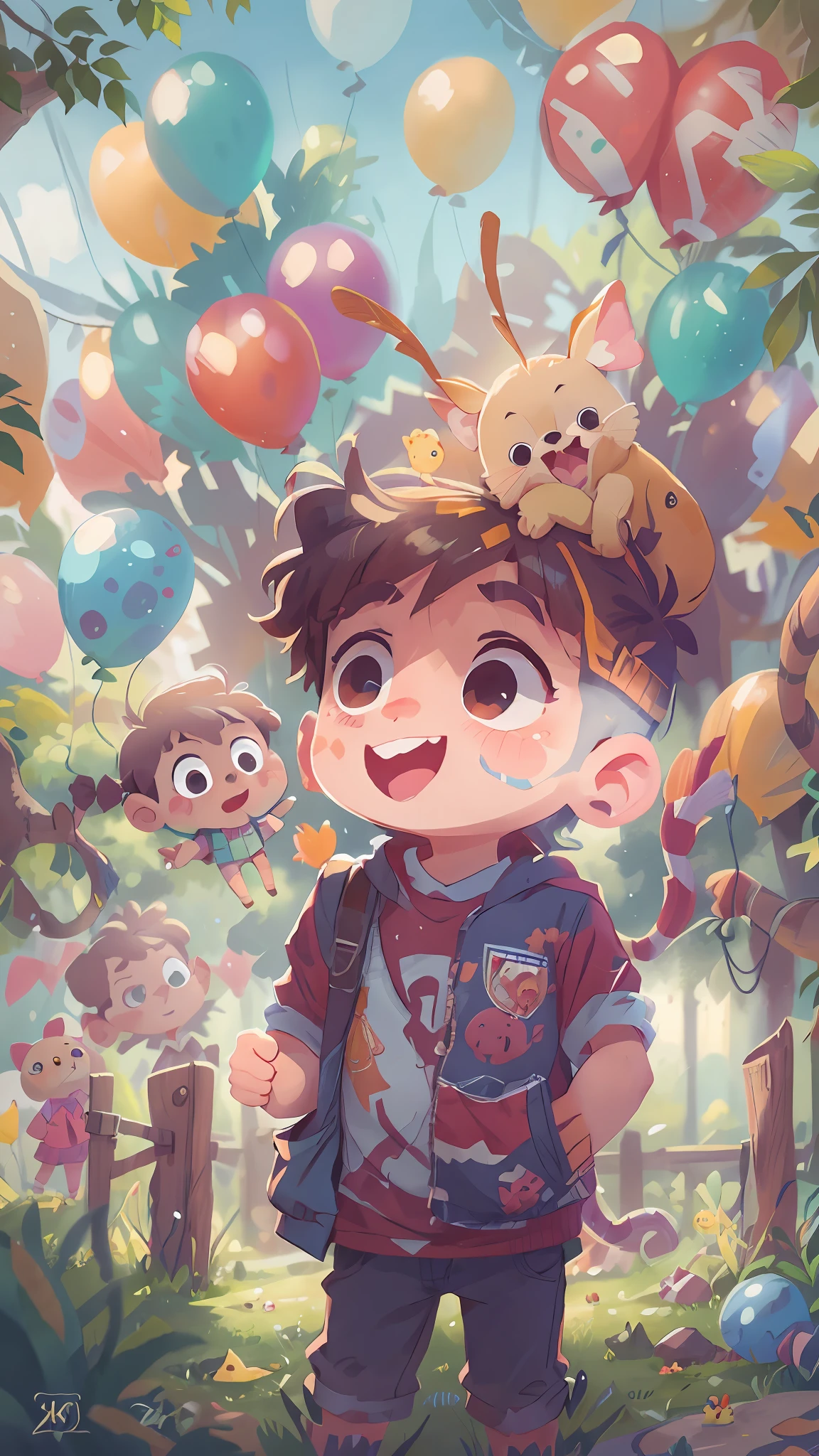A boy, zoo, many balloons, happy, happy, perfect quality, clear focus (clutter - home: 0.8), (masterpiece: 1.2) (realistic: 1.2) (bokeh) (best quality) (detailed skin: 1.3) (intricate details) (8K) (detail eyes) (sharp focus), (happy)