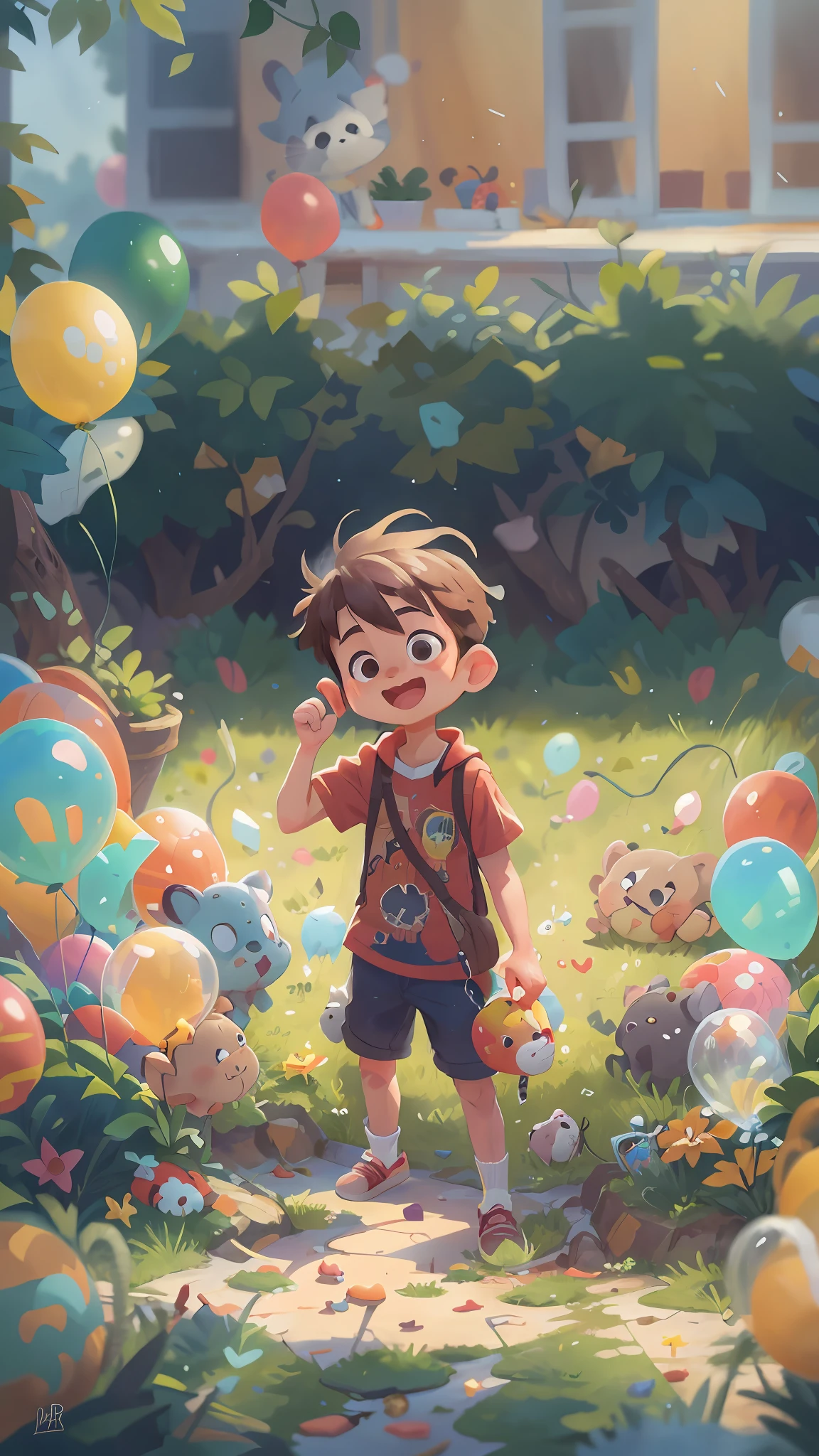 A boy, zoo, many balloons, happy, happy, perfect quality, clear focus (clutter - home: 0.8), (masterpiece: 1.2) (realistic: 1.2) (bokeh) (best quality) (detailed skin: 1.3) (intricate details) (8K) (detail eyes) (sharp focus), (happy)