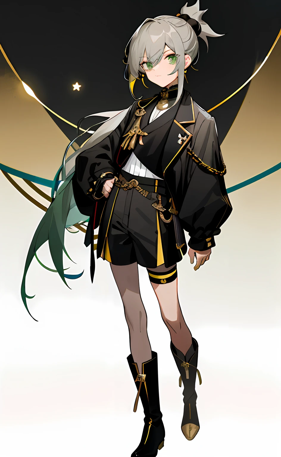 neuter，genderless，grey long hair，Low ponytail，The hair is green，Dyed，The eyes are brownish-black，Black lapel top，A small gold ring is adorned on the chest，Black and gray shorts，The boots worn on the feet have a pair of small gold bells。