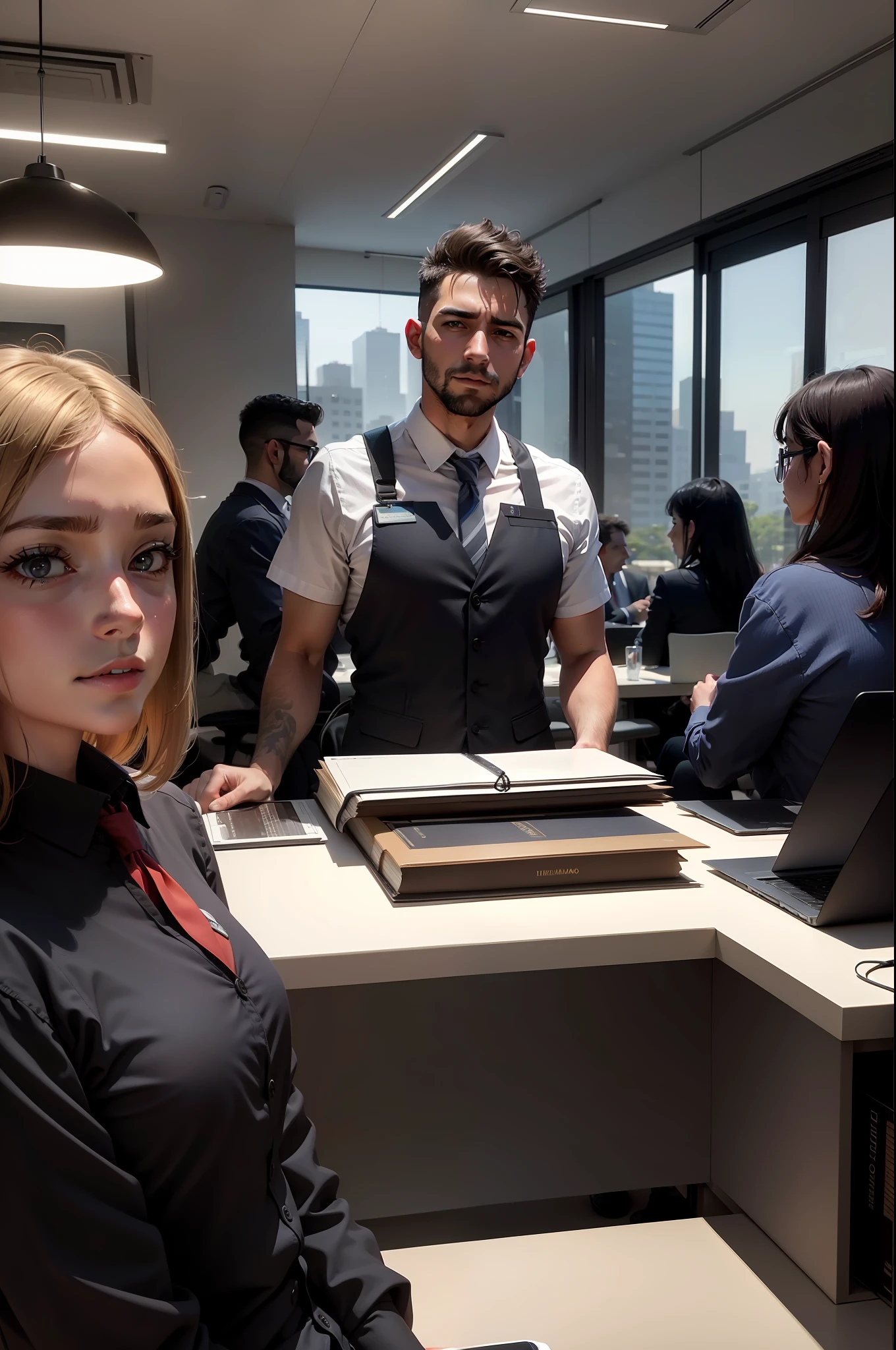 A group of people in an office, The law firm features contemporary design furniture, incluindo poltronas estofadas em couro preto, mesas de centro de vidro temperado com bases cromadas, ambiente bem iluminado, grandes janelas, paisagem urbana, ambiente claro, hiper realista, foto realismo, hiper detalhado
