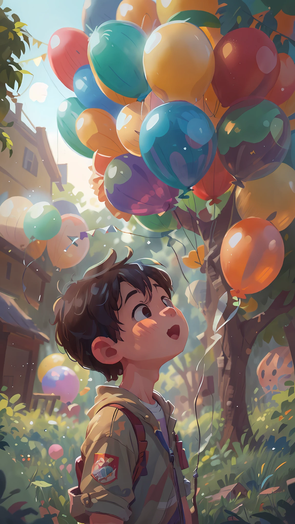 A boy, zoo, many balloons, happy, happy, perfect quality, clear focus (clutter - home: 0.8), (masterpiece: 1.2) (realistic: 1.2) (bokeh) (best quality) (detailed skin: 1.3) (intricate details) (8K) (detail eyes) (sharp focus), (happy)
