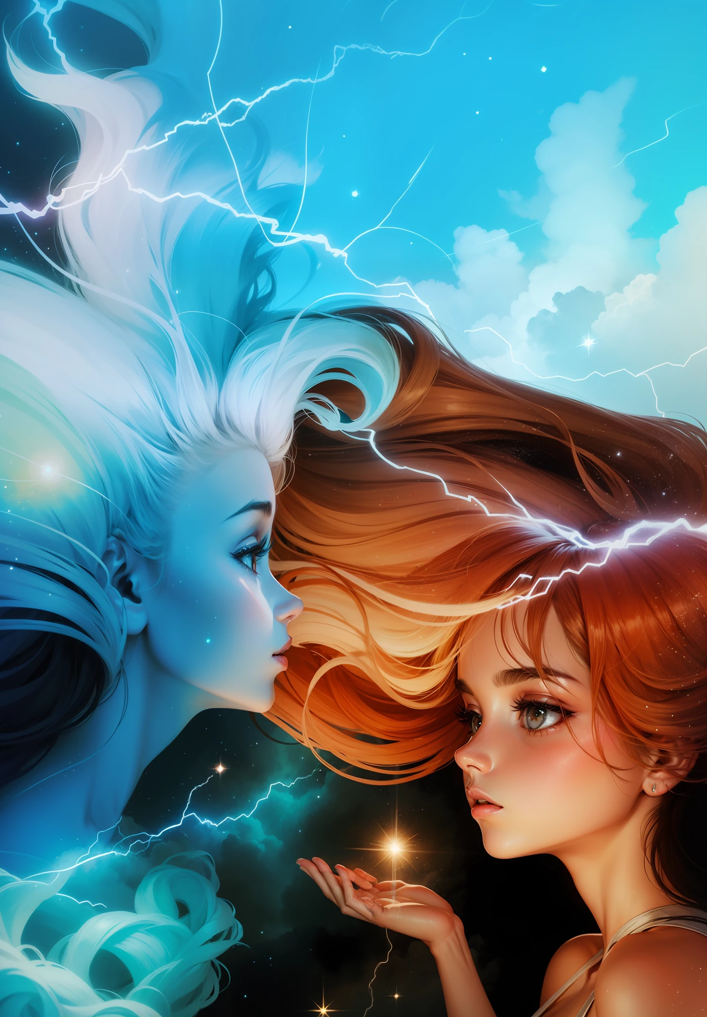 recriar, nuvens estrelas, cabelos, raios, rosto mulheres, nuvens no cabelo, dois rostos, duas mulheres