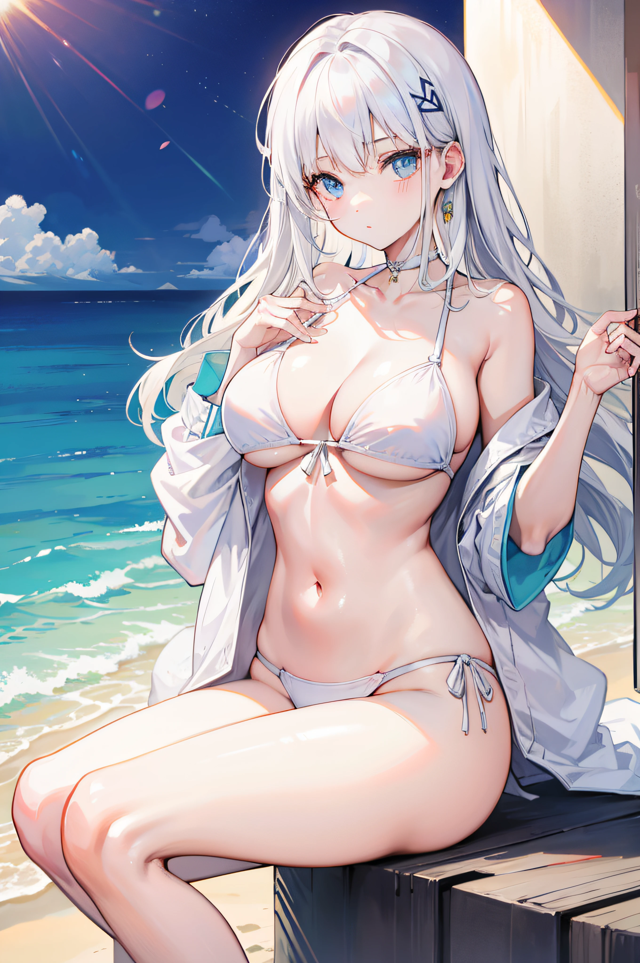 White summer bikini，White-haired girl，Bigchest，