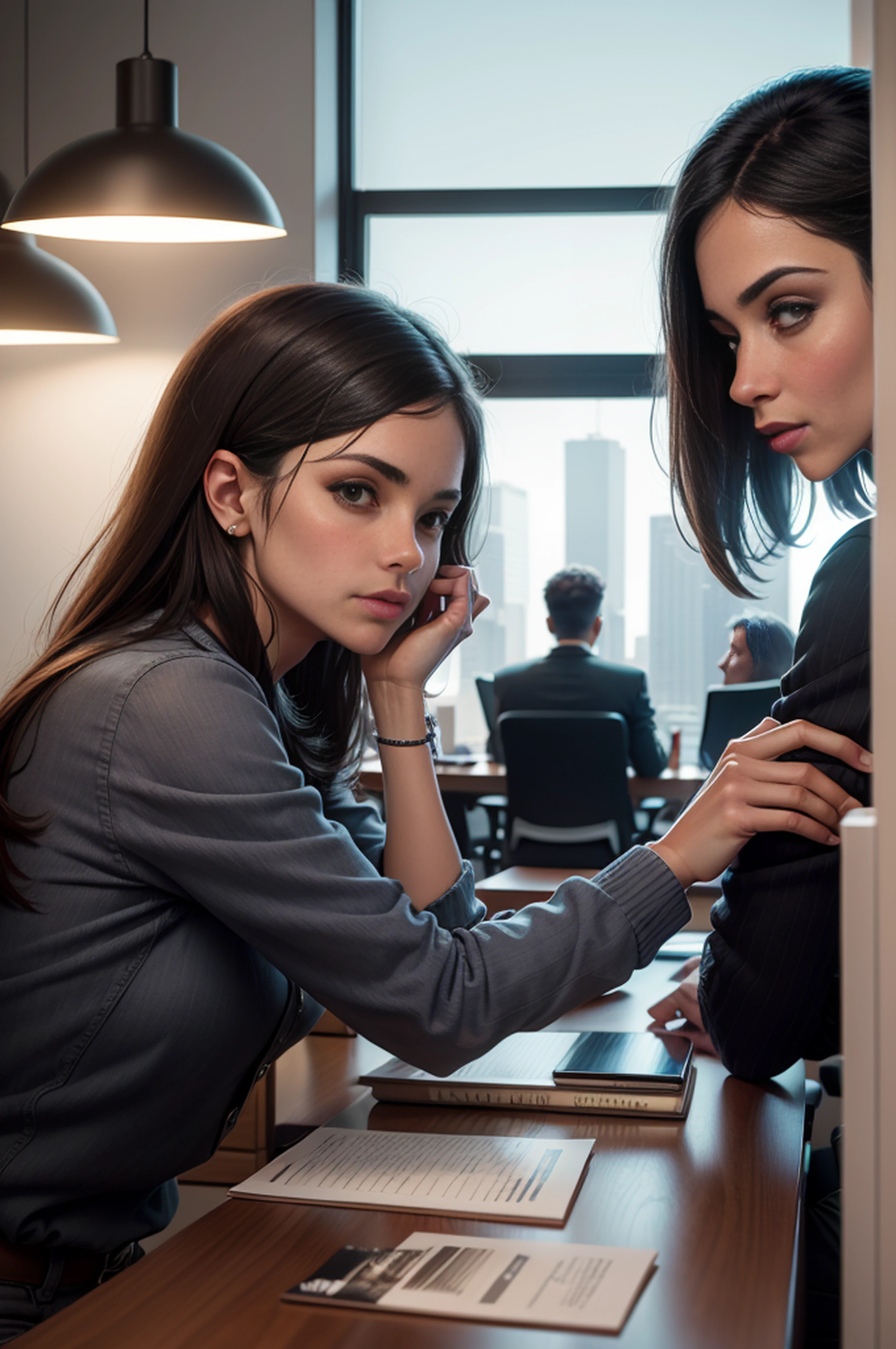 A group of people talking in an office, The law firm features contemporary design furniture, incluindo poltronas estofadas em couro preto, mesas de centro de vidro temperado com bases cromadas, ambiente bem iluminado, grandes janelas, paisagem urbana, ambiente claro, hiper realista, foto realismo, hiper detalhado