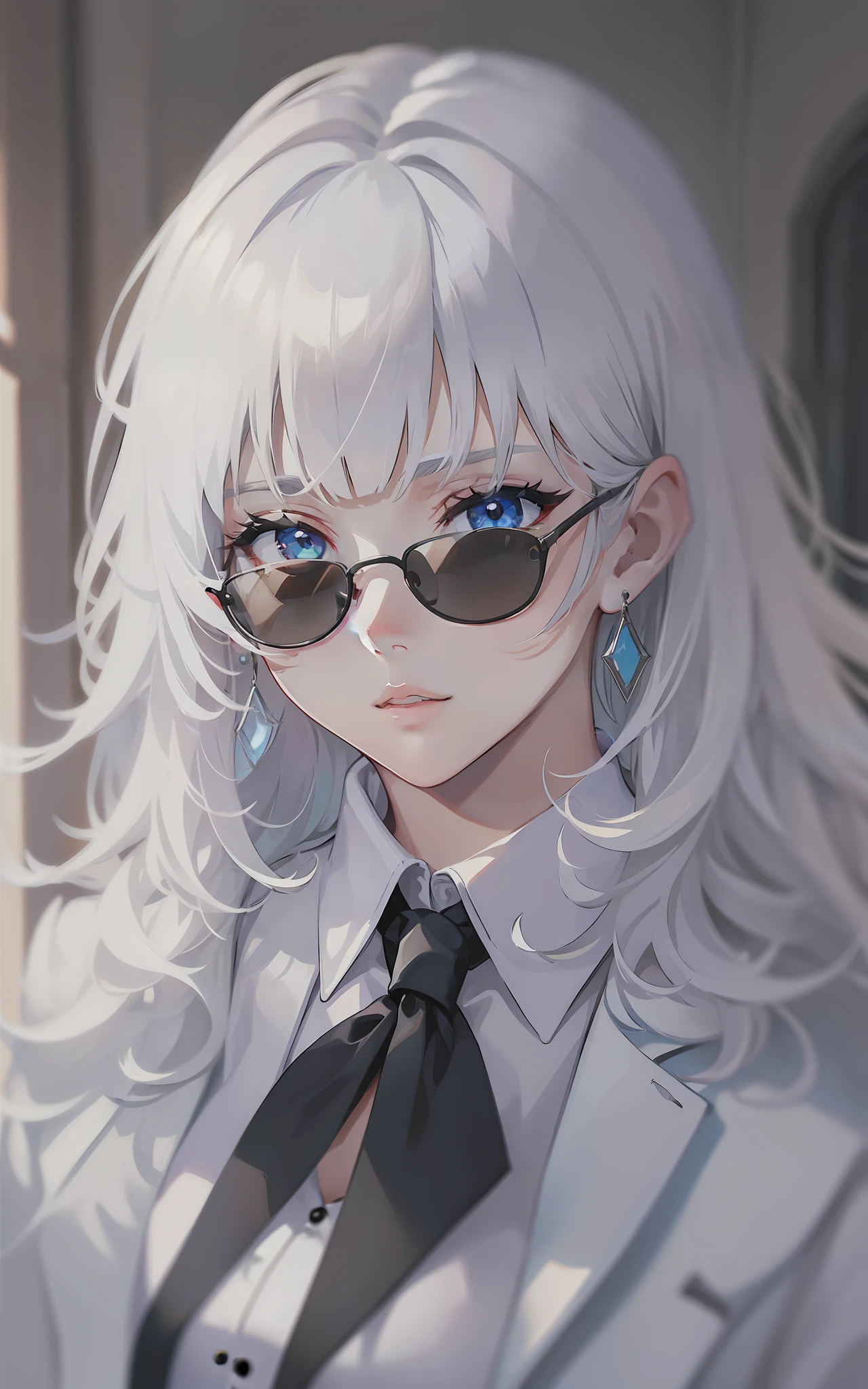 Solo ((perfect handt: 1.2)), White hair, medium hair, best quality, masterpiece, ultra detailed, blunt bangs, beautiful skin, white skin, medium breasts, round sunglasses, both eyes covered, perfeccionism, earrings, cute lips, beautiful, white shirt, black tie, black overcoat, blue eyes, (ruffling hair, messy hair:1.1), sexy, beautiful lighting, beautiful shadows, dinamic angle, big quality, (upper body 1.1)