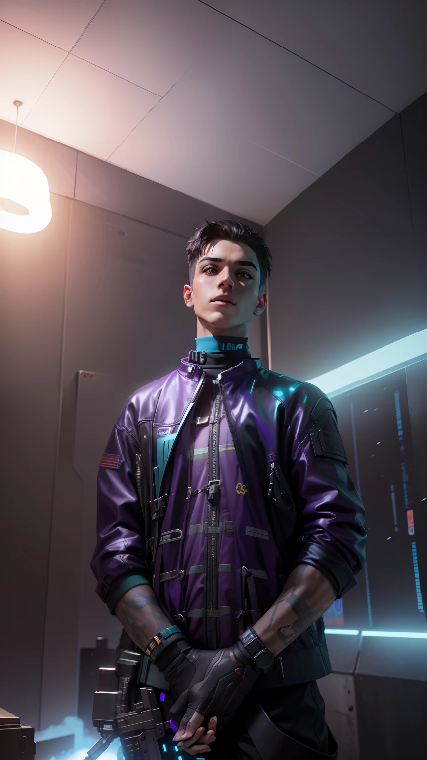 Change background cyberpunk cute boy , realistic face , High quality realistic ,8k ultra realistic, gun in hand