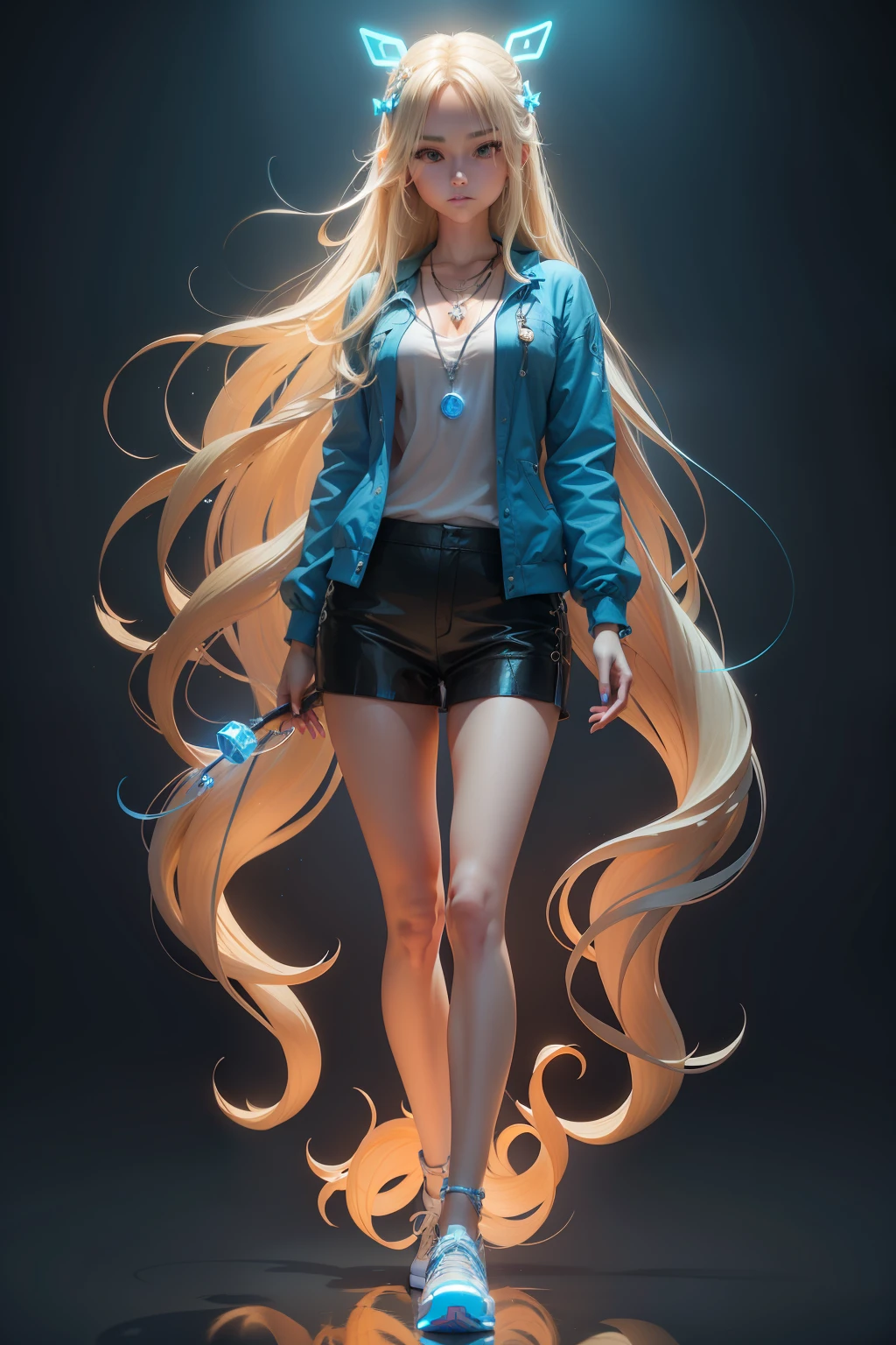 full body illustration of cute beatiful girl
strikingly attractive with long blonde hair with the tips glowing in pin she is floating wearing blue clothes and
necklaces, 3d character -ar 4:3 --niji 5 --style expressive - q 5 --s 750