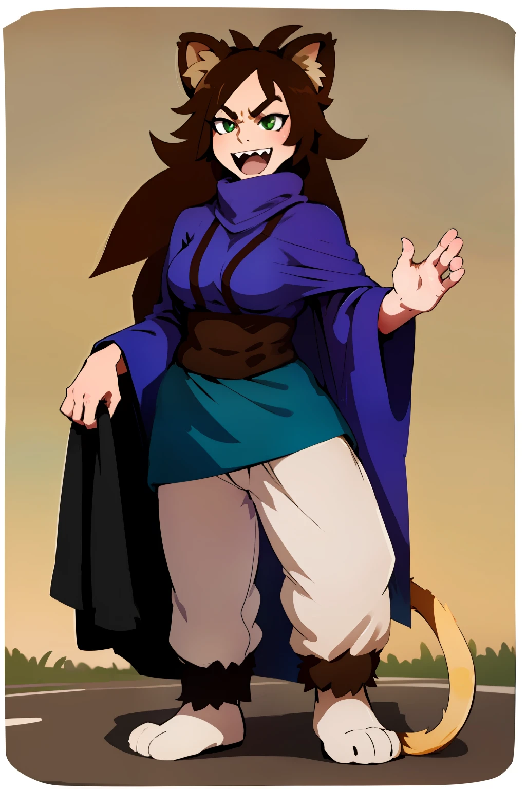 brown hair, long hair,medium breast, sport pants, long pullover, lion tails, living hair, animal fangs,green eyes, kemono mimi, cloak, medieval cloak flip flops