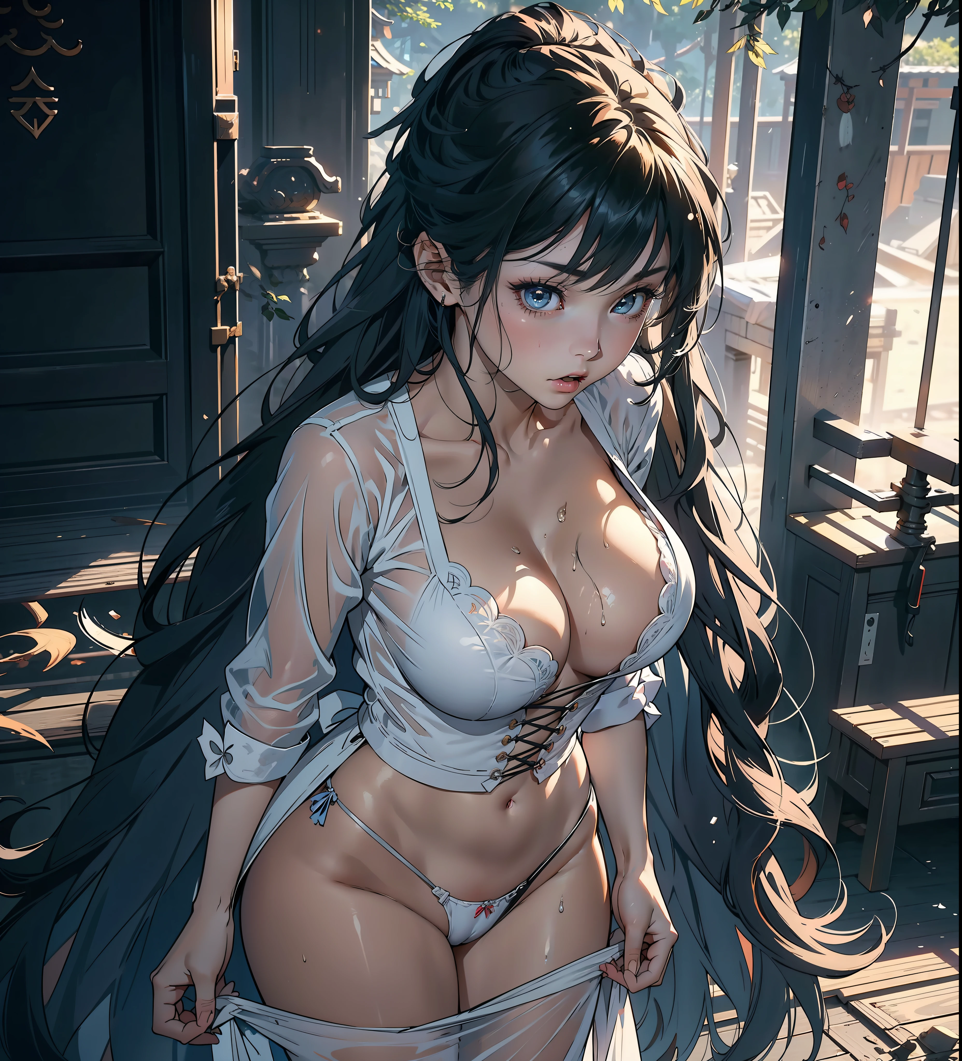 1female,35yo,Huge breasts, 独奏,Wear a transparent maid outfit, Pornographic exposure,ln the forest, She has long flowing black hair, Bare genitalia,Sateen,Bigchest, From the front side, Wet straight hair, Sweating profusely,mostly cloudy sky,(tmasterpiece),(Very detailed CG unity 8K wallpaper),best qualtiy,cinmatic lighting,detailed back ground,beatiful detailed eyes,Bright pupils,(Very fine and beautiful),(Beautiful and detailed eye description),ultra - detailed,facing at camera,A high resolution,ultra - detailed),Very long hair,standing on your feet,Emotive expressions,Open-mouthed,Chest sagging,nakeness, Expose the genitals,revealing breasts,Camel toes,with no underpants,extremely large bosom,Extremely colorful,Most detailed,fully body photo,The face is well lit