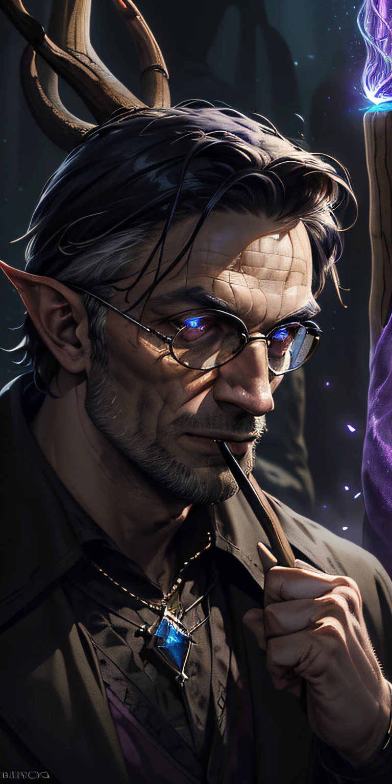 Magv1ll, ((obra-prima:1.2, melhor qualidade)), 4k, close-up head, facing camera, Realistic portrait of digital painting of a demonic gothic male wizard, (cabelo selvagem:1.1), pele escura, orelhas de elfo, barba longa (Dungeon and Dragon, magia negra :1.3), dark and purple magical forest, (magic stick:1.5), (manto de bruxo detalhado:1.5), (fundo abstrato:1.2), (clear particle:1.1), (pele muito detalhada:1.2), (conceito do jogo:1.3), (estilo arcano:0.8), (profundidade de campo:1.3), global ilumination, corpo inteiro, longos cabelos brancos, begins in heaven, astrologia