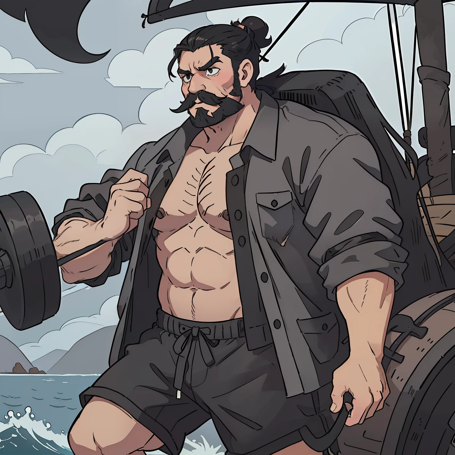 One Big old man with grey skin, black hair in a topknot, black handlebar mustache and muttonchops, strongman physique, tummy, black round shades, open flannel bare chest, shirt, shorts, barefoot, grey skin, scary, one piece, pirate ship