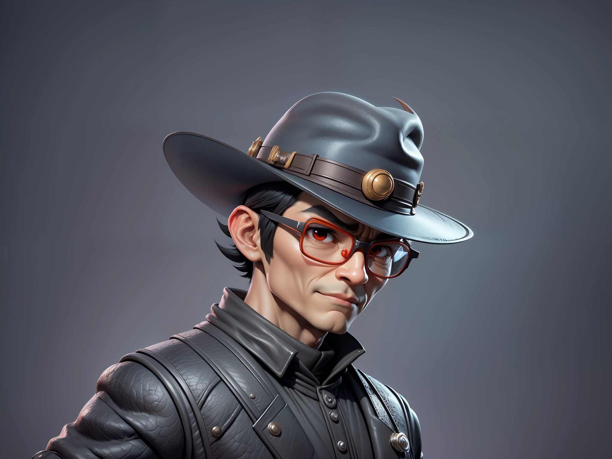 Young man with oriental face in leather hat, dragon, formal suit, short black hair, silver glasses, digital painting, 3D character design by Mark Clairedon and Pixar and Hayao Miyazaki and Akira Toriyama, the illustration is a high-definition illustration in 4K resolution with very detailed facial features and cartoon-style visuals.