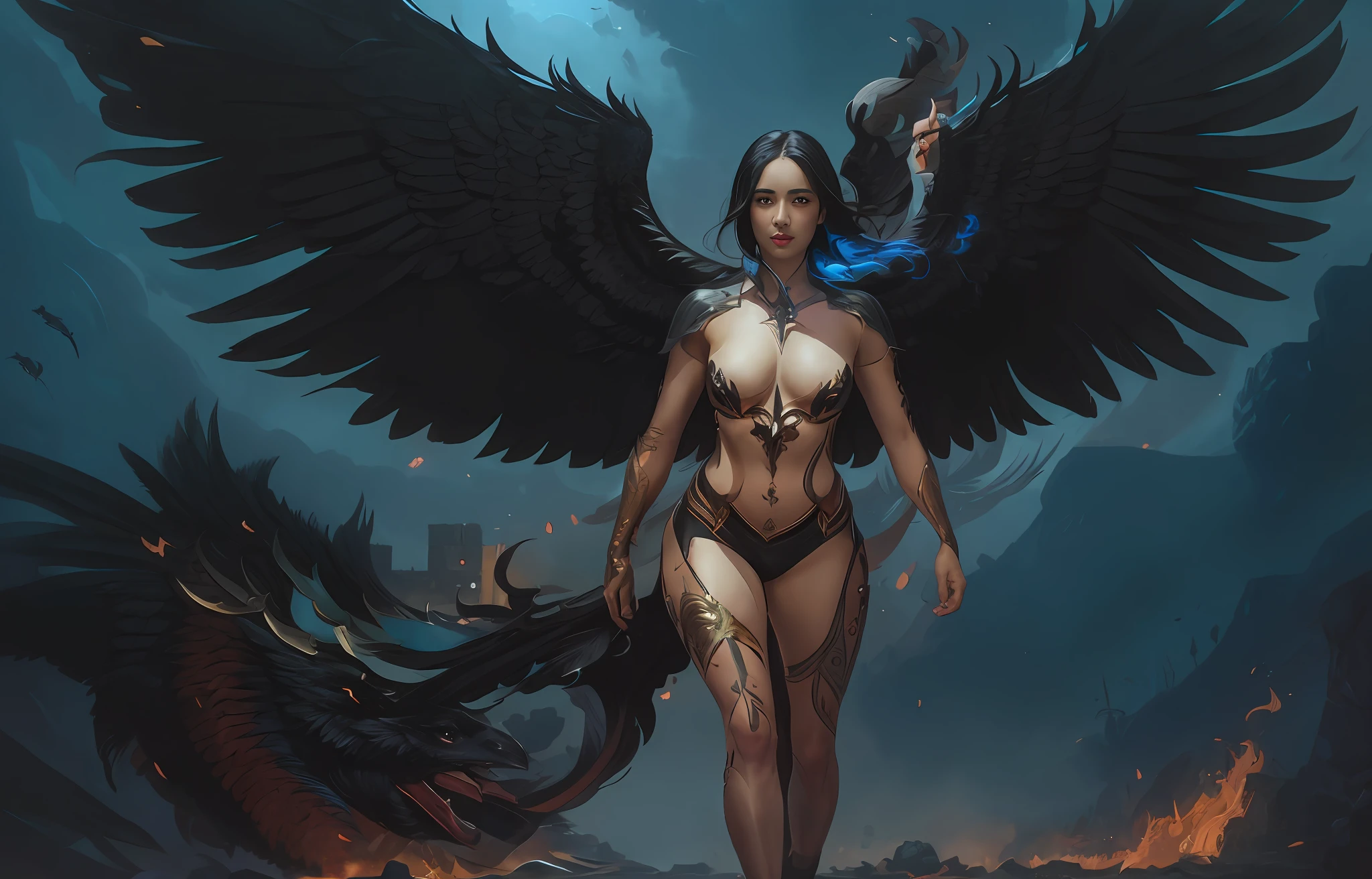 There's a black-haired woman, rosto perfeito, com grandes asas negras andando na rua, abdome fino, abdome exposto, Vilania tem asas de anjo negro, Epic Fantasy Digital Art Style, por Yang J, Arte de fantasia 4k, raven winged female vampire, Artgerm Julie Bell Beeple, Chengwei Pan em ArtStation, arte conceitual | Artgerm, epic exquisite character art, anjo escuro