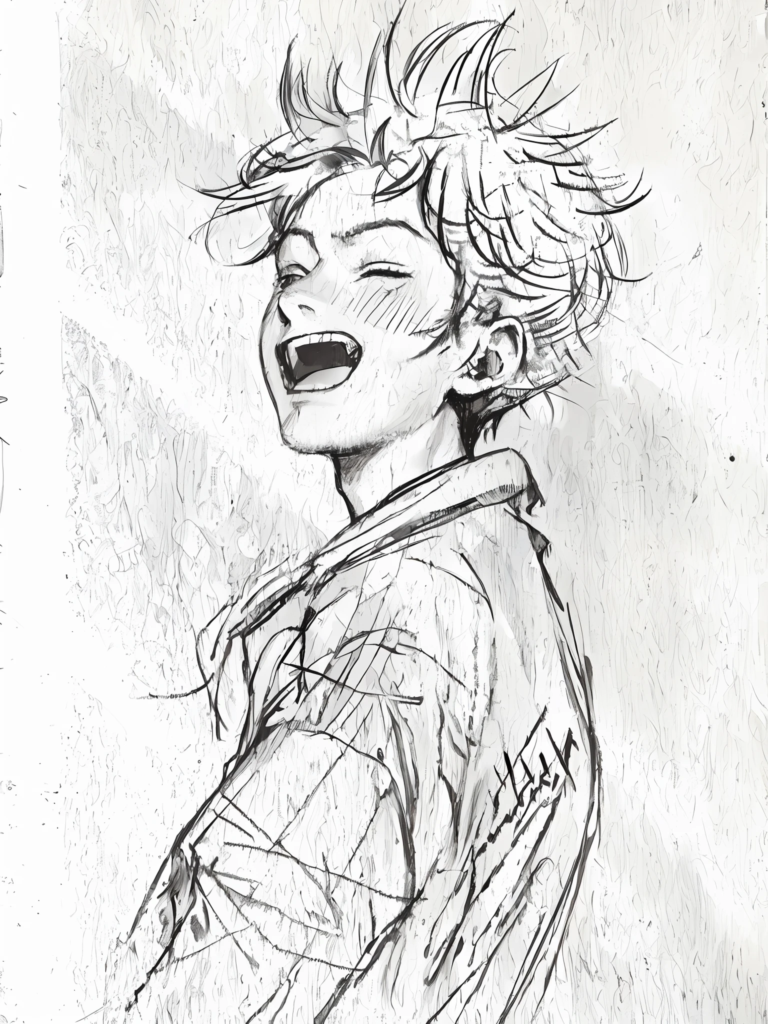 Painting of a man in a mohawk and a shirt, inspired by Eddie Campbell, concept art of single boy, inspired by Jamie Hewlett, author:Eddie Campbell, Character design sketch, portrait of ((Mischievous)), loose pencil sketch, Character drawing, expressing joy. by Krenz Cushart, Detailed fanart, high quality sketch, sketch illustratio, sketched