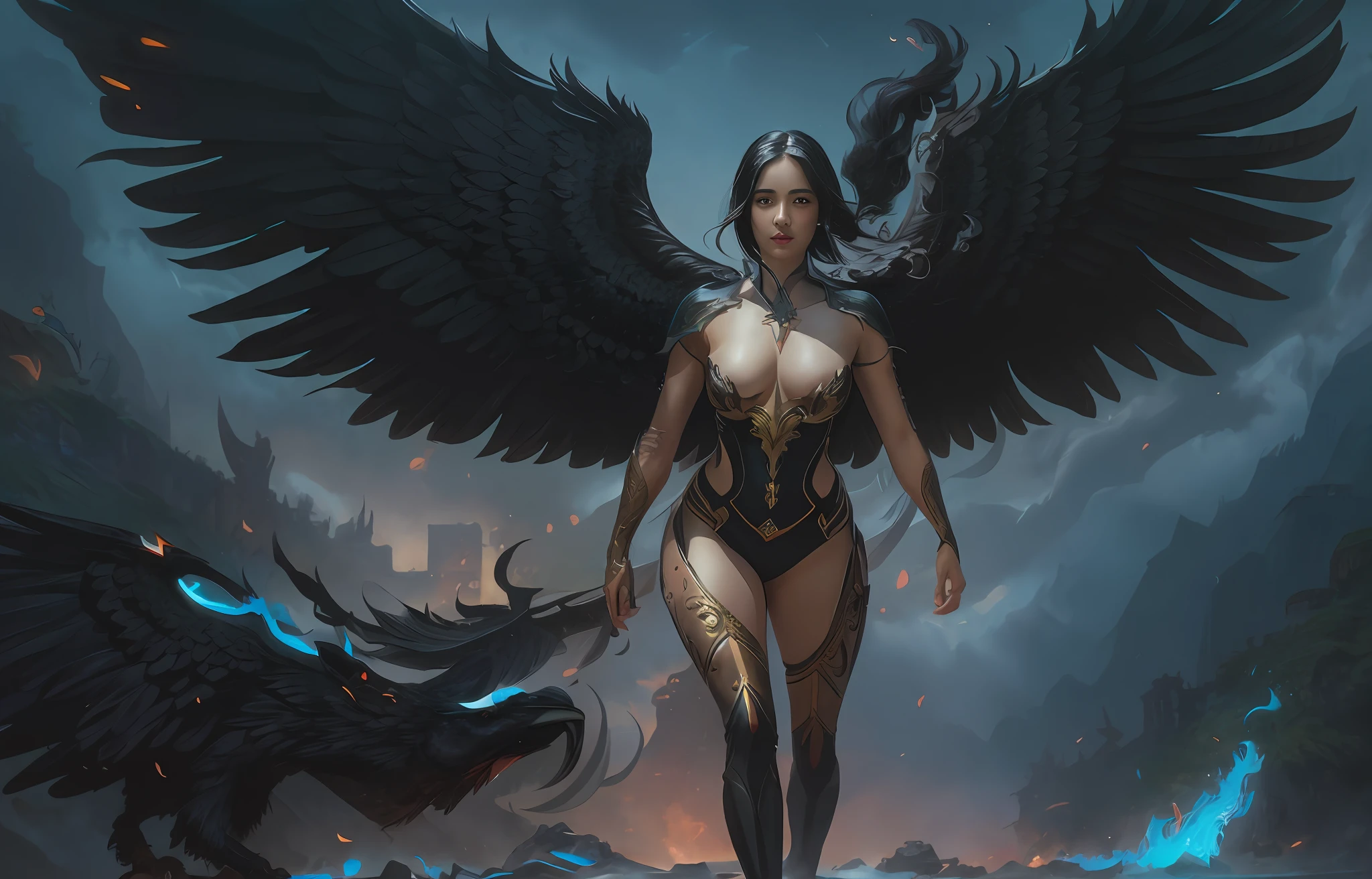 There's a black-haired woman, rosto perfeito, com grandes asas negras andando na rua, abdome fino, abdome exposto, Vilania tem asas de anjo negro, Epic Fantasy Digital Art Style, por Yang J, Arte de fantasia 4k, raven winged female vampire, Artgerm Julie Bell Beeple, Chengwei Pan em ArtStation, arte conceitual | Artgerm, epic exquisite character art, anjo escuro