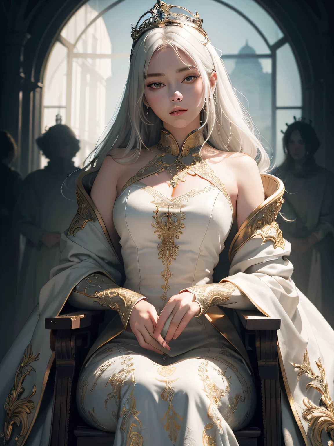 (Masterpiece:1.2), best quality, (illustration:1.2), (ultra-detailed), hyper details, (delicate detailed), (intricate details), (cinematic light, best quality Backlights), clear line, from below, soloist, perfect body, (1girl), white hair and yellow eyes, (emperor, black see-through clothes), (crown: 1.1), sitting on the throne, eyes slightly closed, head down, (shy: 1.2 ), (makeup), high contrast, (best illumination, an extremely create and beautiful), (cinematic light), colorful,